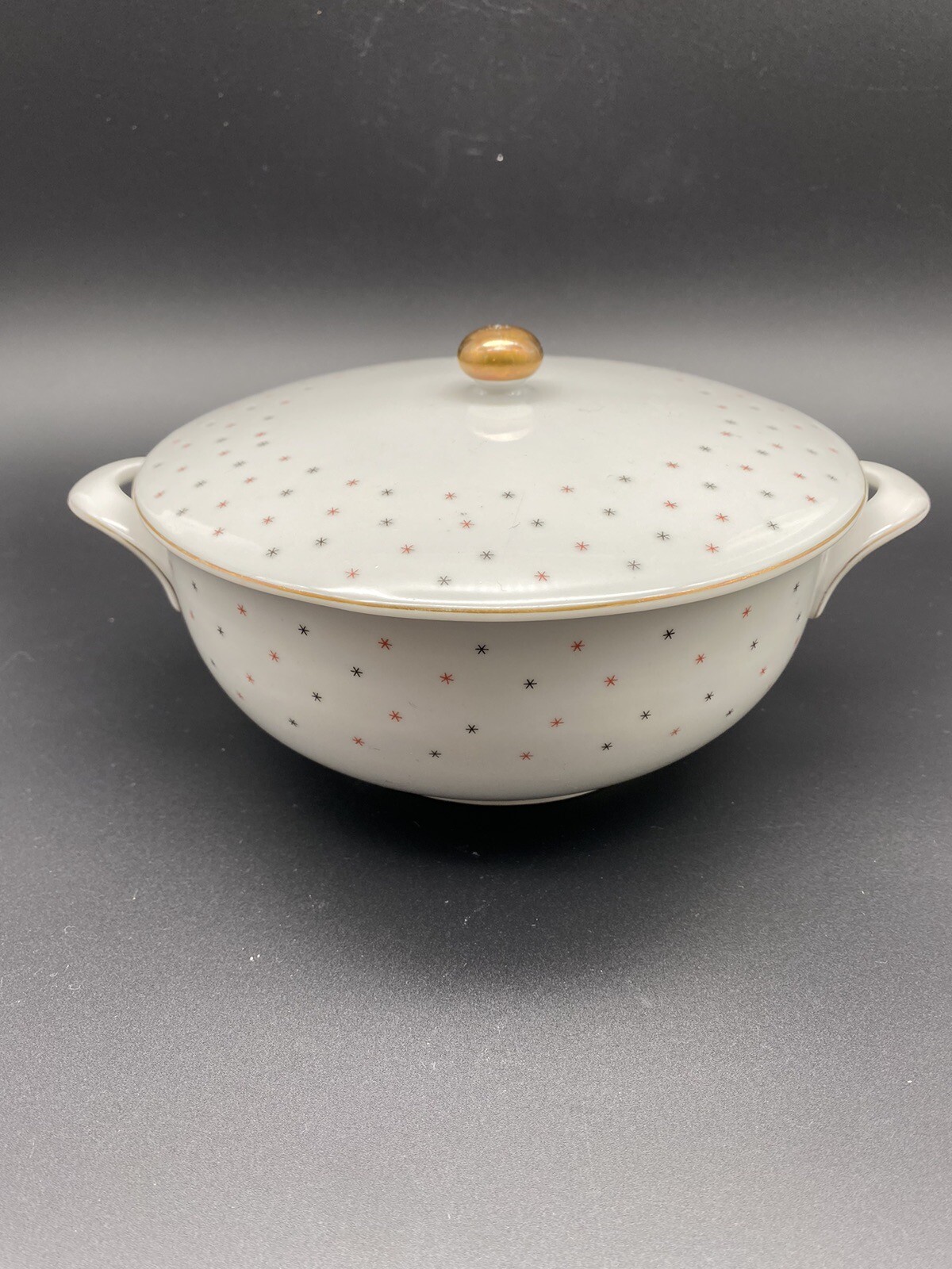 Porzellanfabrik Arzberg Bayern White Handled Covered bowl W/ Gold finial Stars
