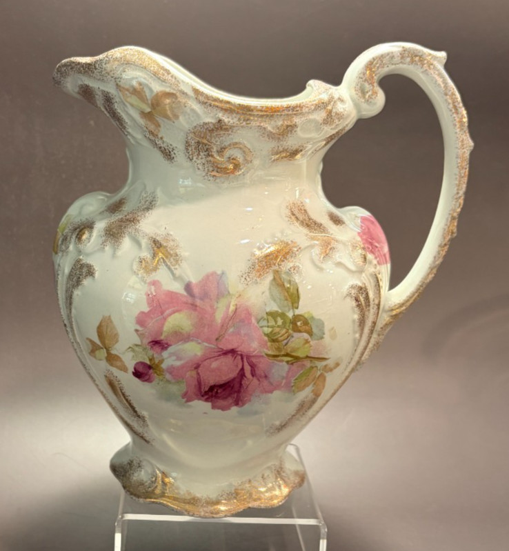 Antique J&G Meakin Hanley England Ironstone Washstand Pitcher Rose Floral Gilt