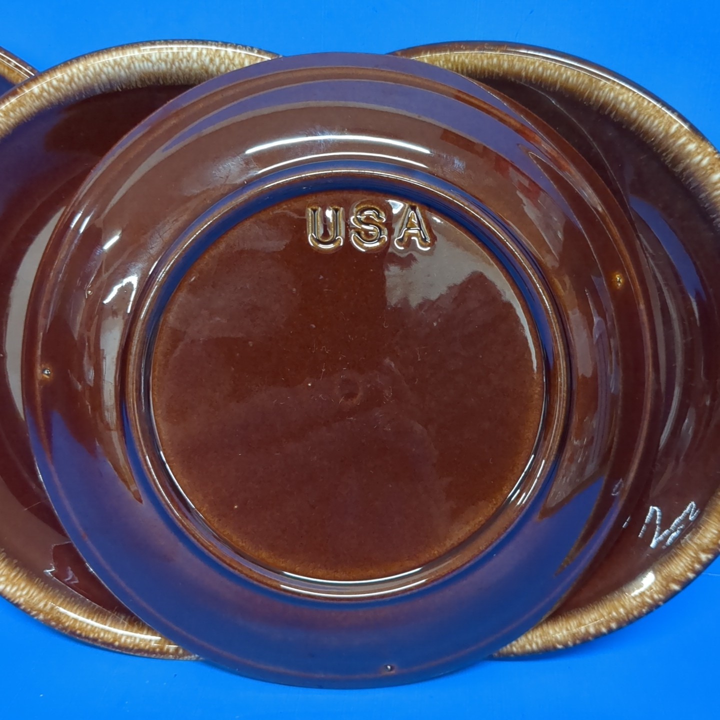 (4) USA Mid Century Modern Vintage Brown Drip Glazed 7.5″ Pottery Plates USA