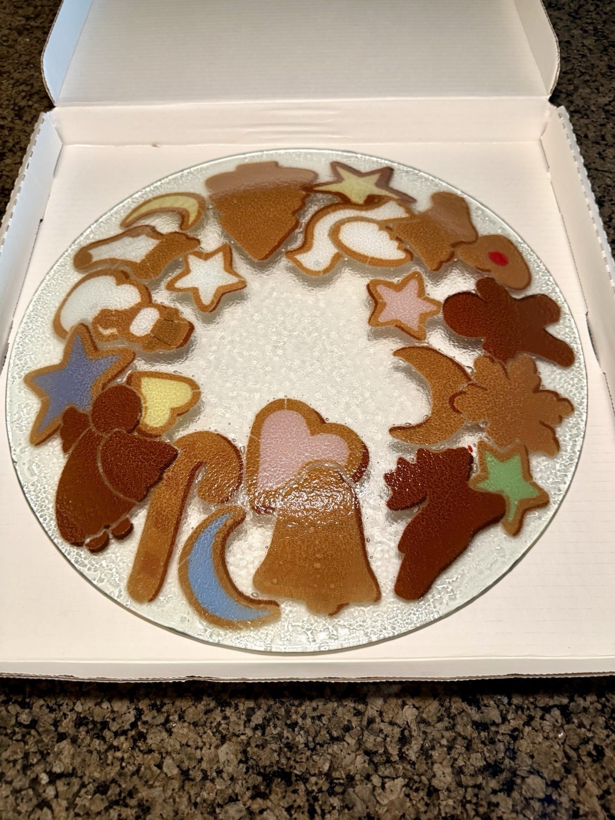 Peggy Karr Glass Serving Plate Platter Christmas Holiday Cookies 15.5” Tree Bell