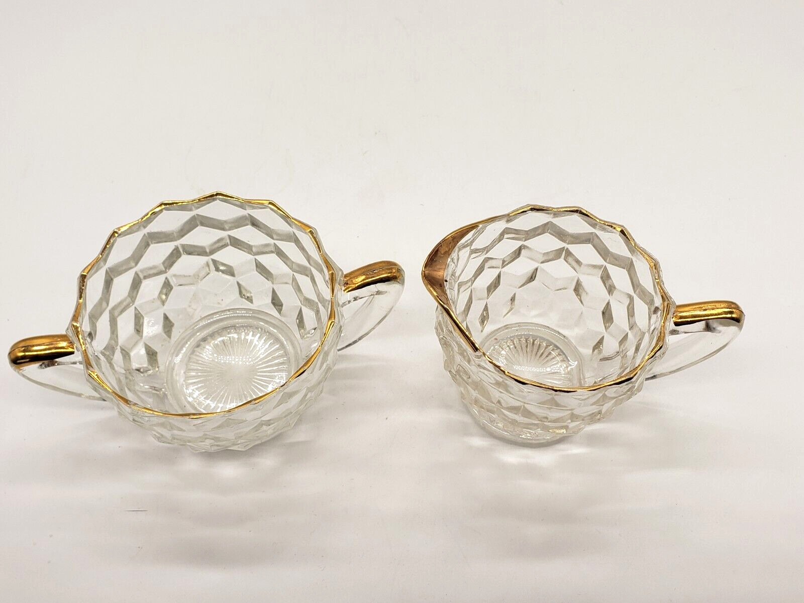 Vintage Depression Clear Glass- Cubist Pattern Sugar Bowl and Creamer gold trim