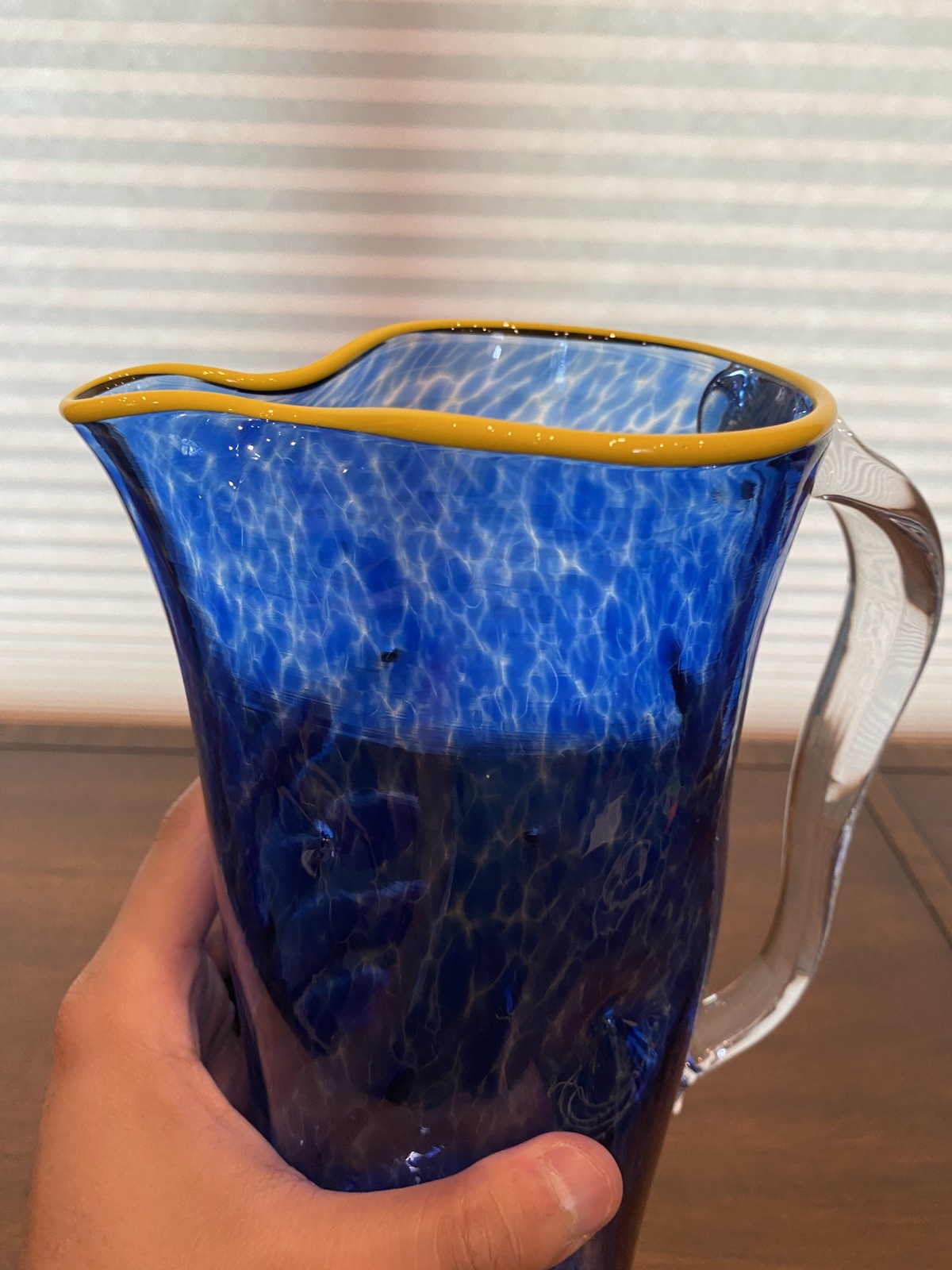GEORGEOUS LARGE 2019 Cobalt Blue & Yellow Art Glass Pitcher 11.5″H Signed