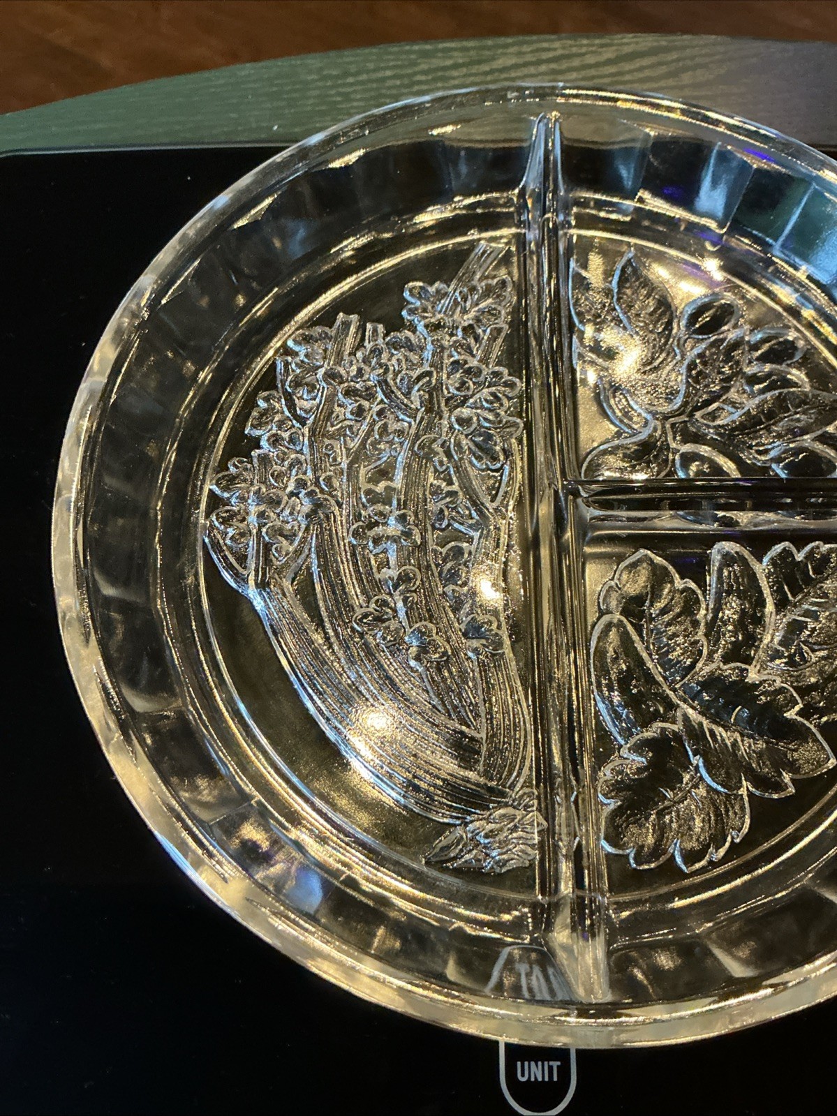 Vintage Indiana Glass 7.5” Round Divided Embossed Relish Vegetable Dish