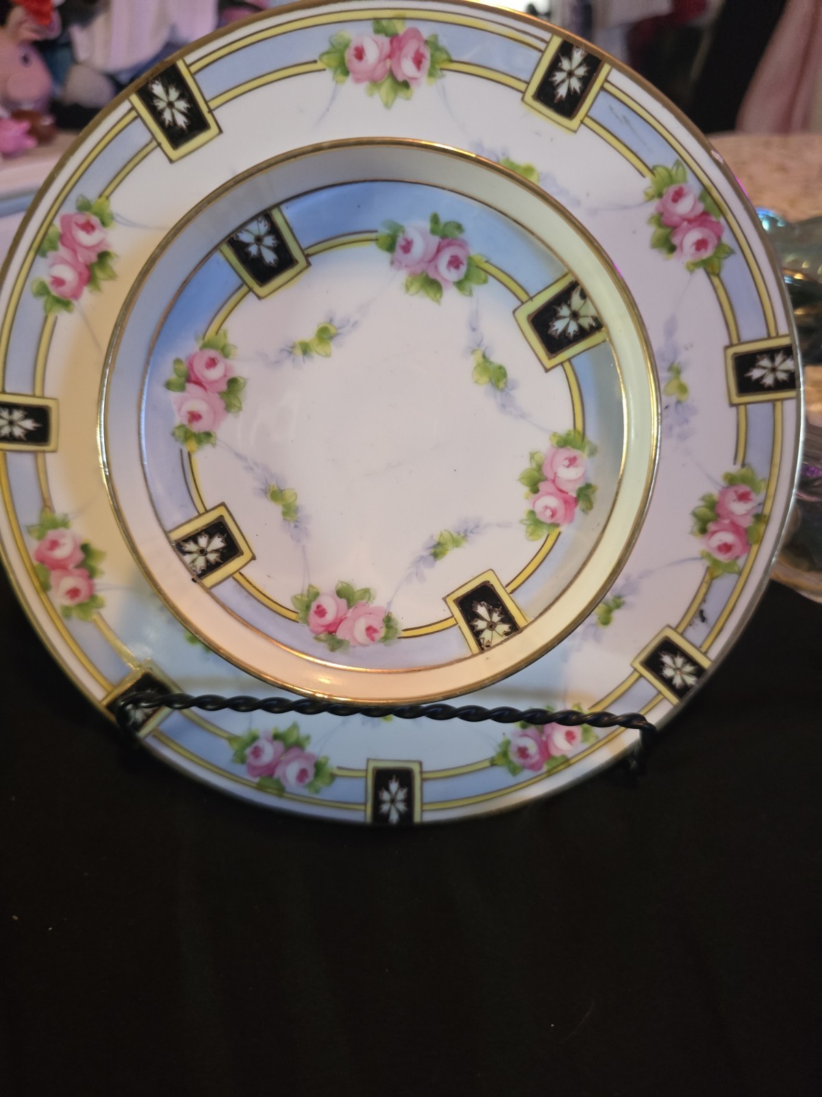 Nippon Porcelain Plate White Pink Blue Floral Gold Trim Black Border Round