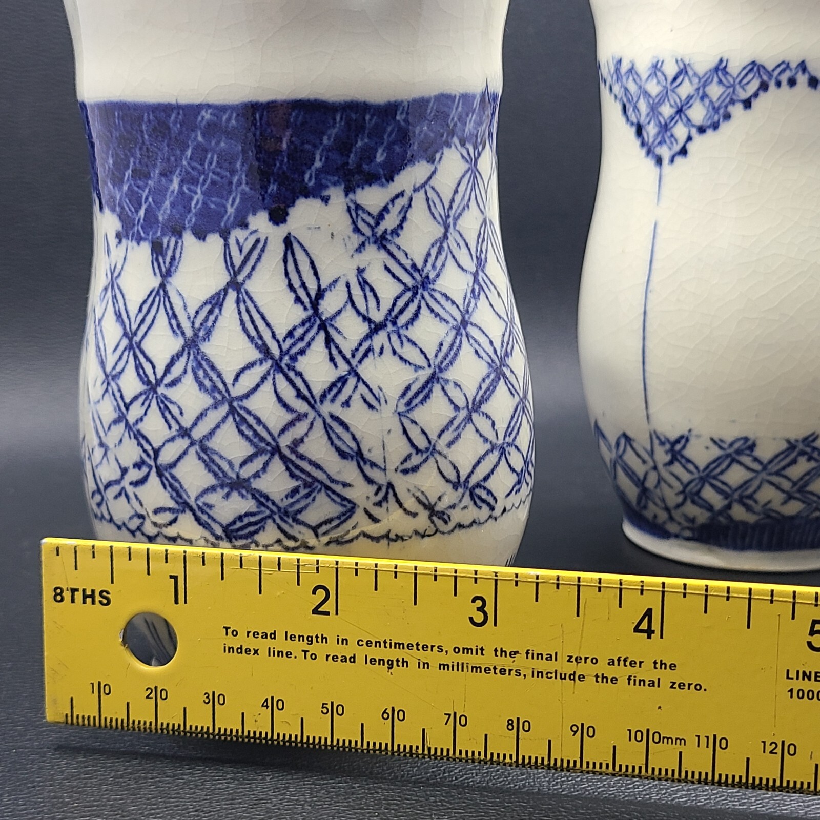 Studio Art Pottery Scalloped Asian Style Blue and White Crackled Glaze Signed