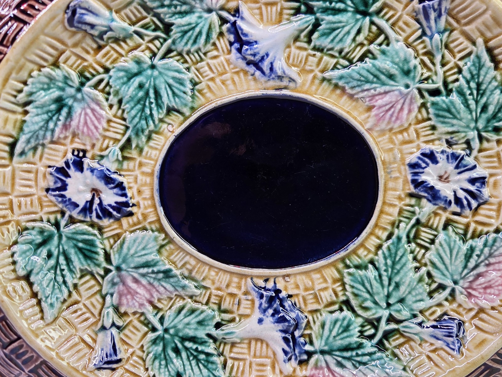 Antique Oval Majolica Basket Weave Footed Platter Floral Bread Bowl Cobalt 12¾”
