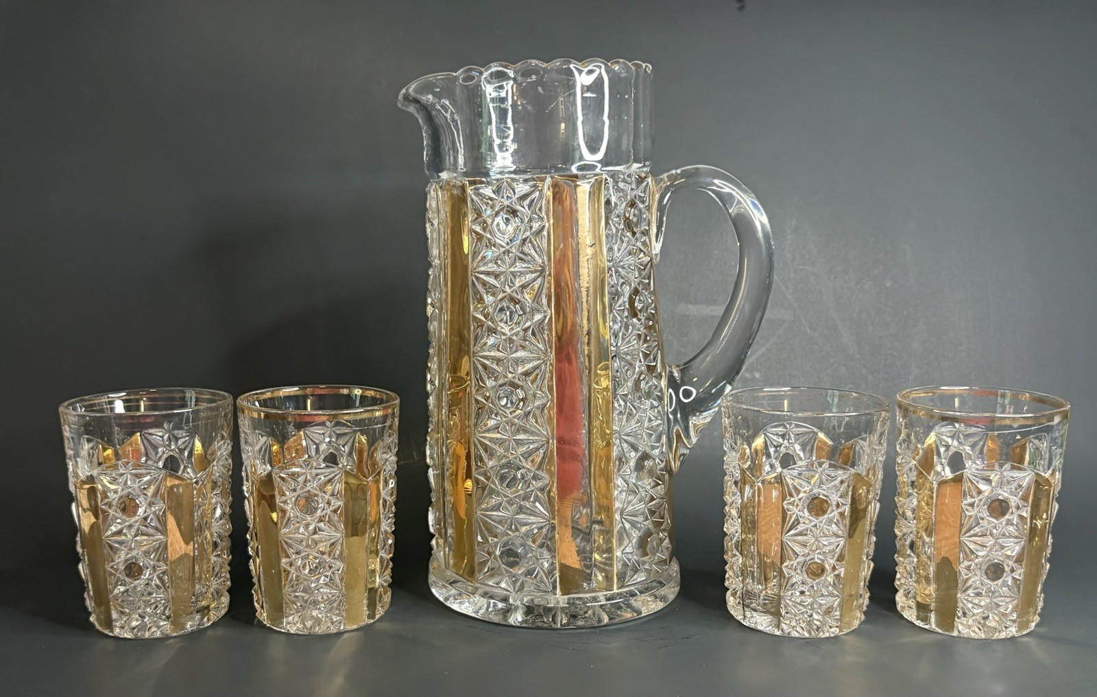 Antique EAPG Duncan Miller Clover #58 Pitcher & 4 Tumblers Set c1905 Glass