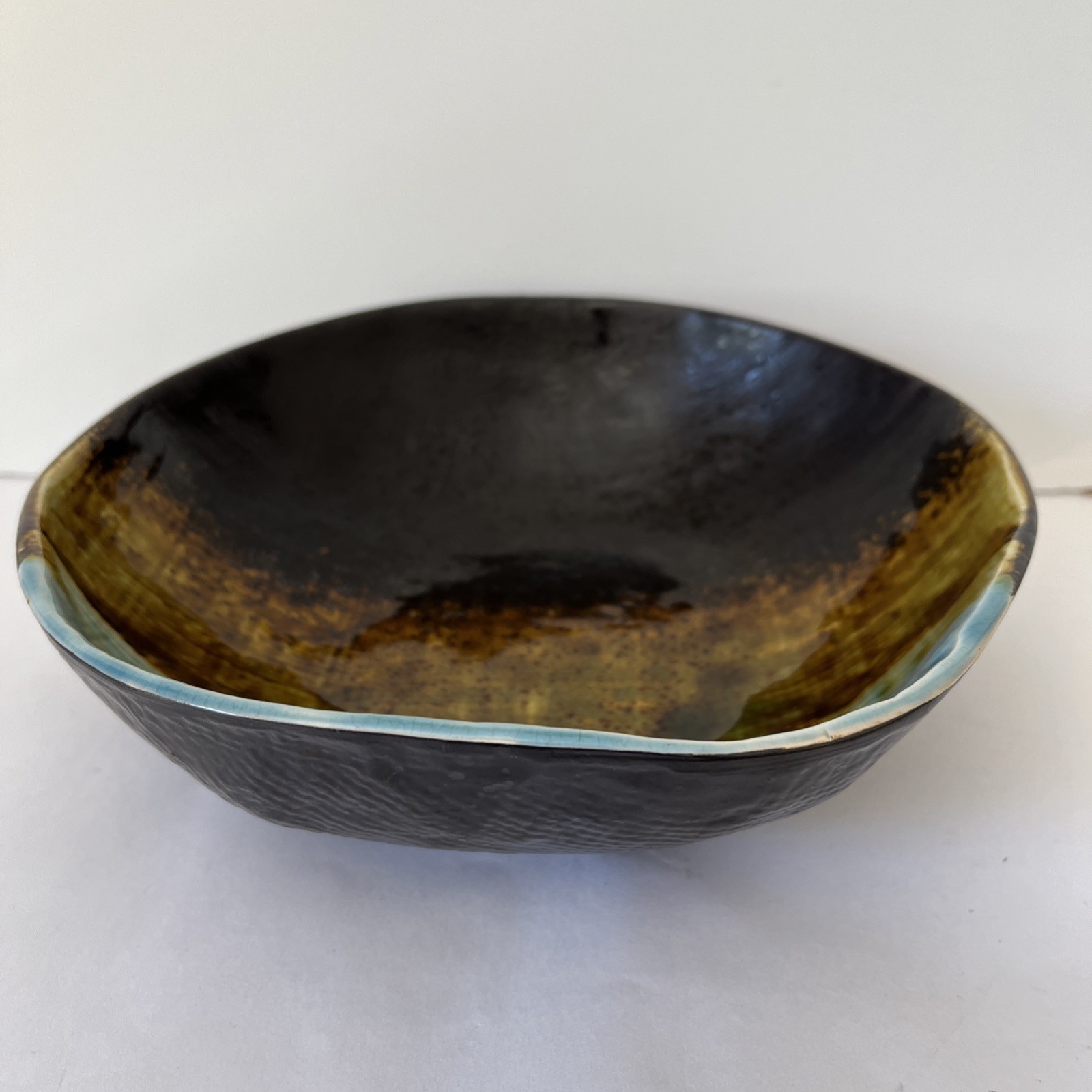 Pier 1 Cassidy asymmetrical bowl -blue and brown crackled, textured glaze