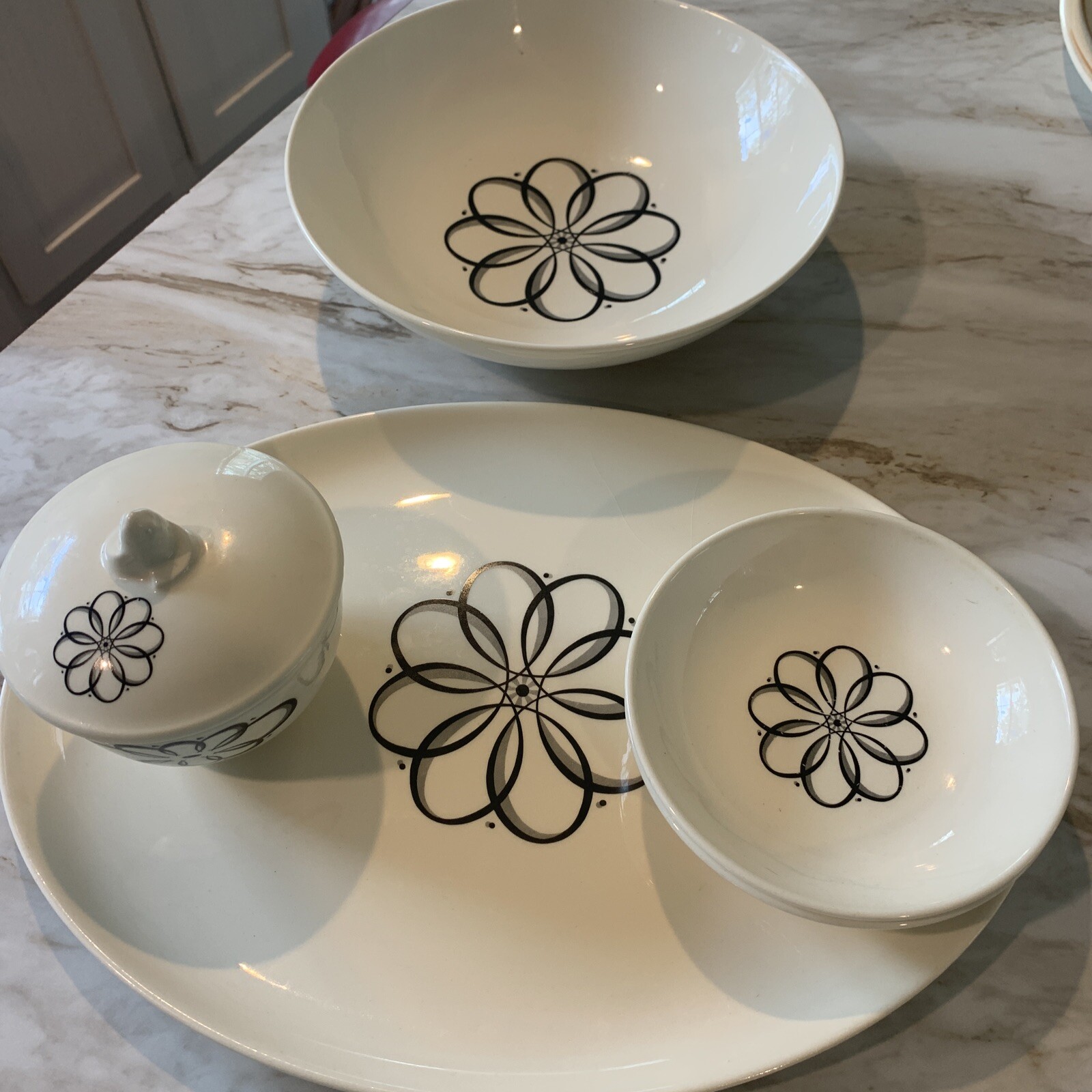 Taylor Smith Taylor Spencerian Scroll Platter Veg. And Berry Bowls Sugar Bowl