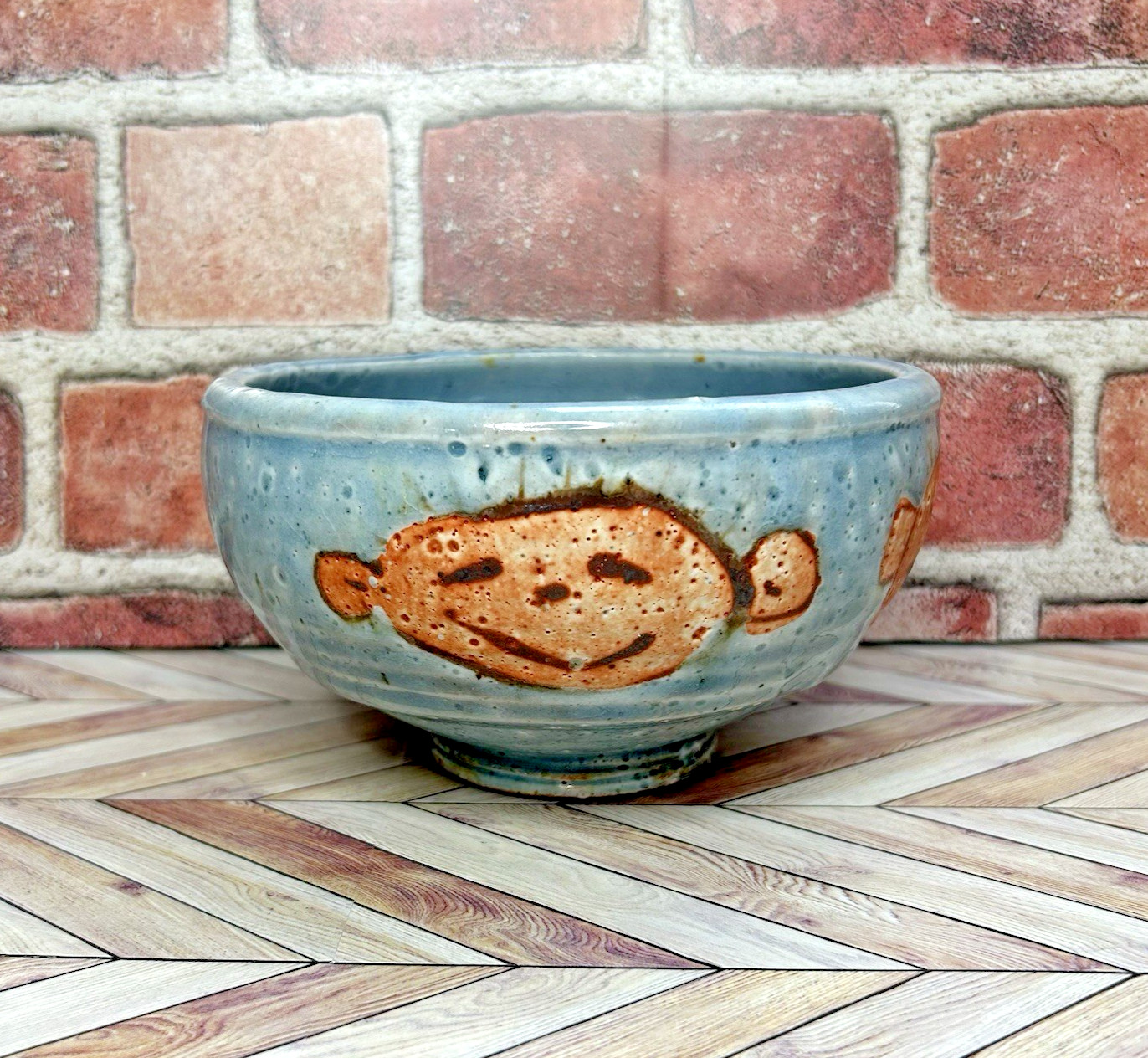 Pottery Bowl Faces Footed Artisan Handmade 6” Diameter 3.5″ Tall Blue Whimsical