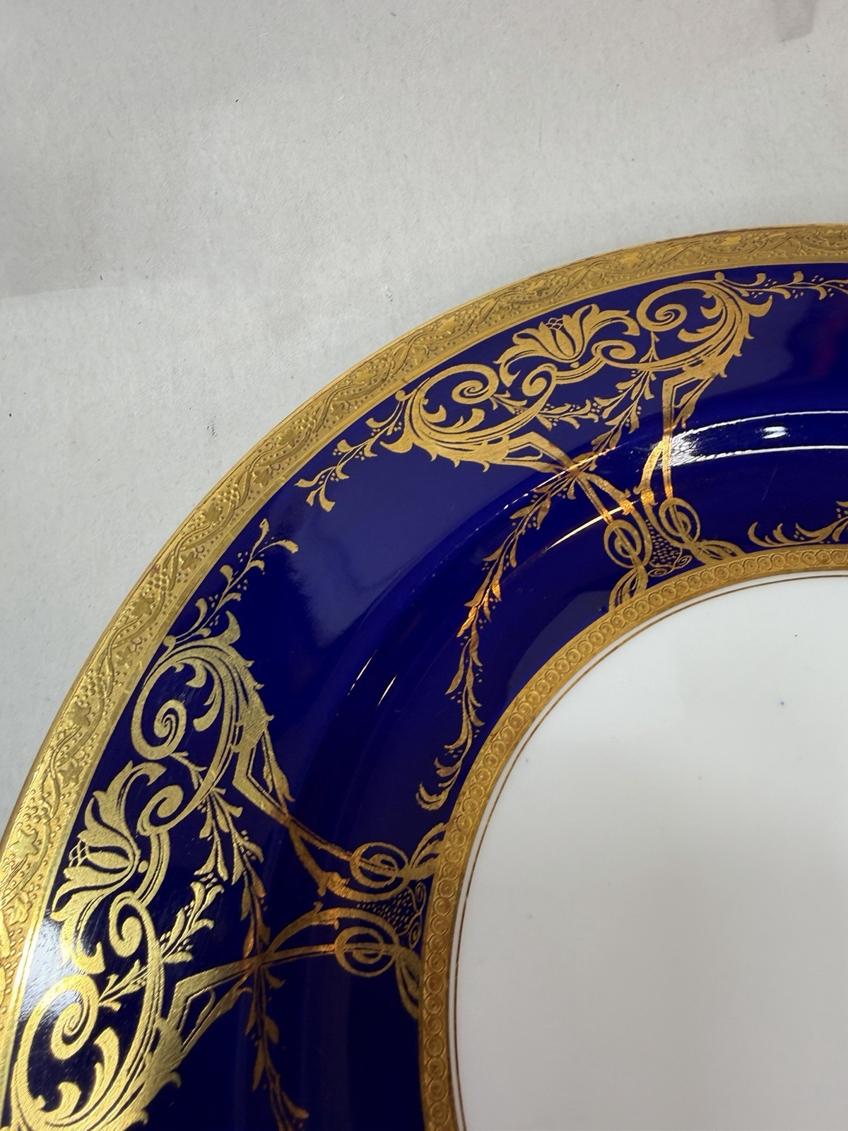 Antique Minton Porcelain 2 Dinner Plates w Raised Cobalt Blue Gold Rim 10 1/8 in