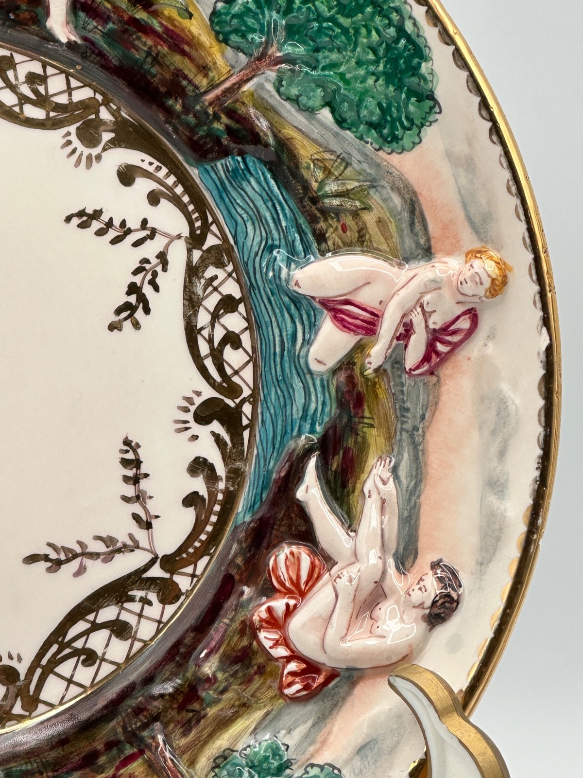 Pair Vintage Italian Capodimonte 7.5” Hand Painted Figural Relief Plates