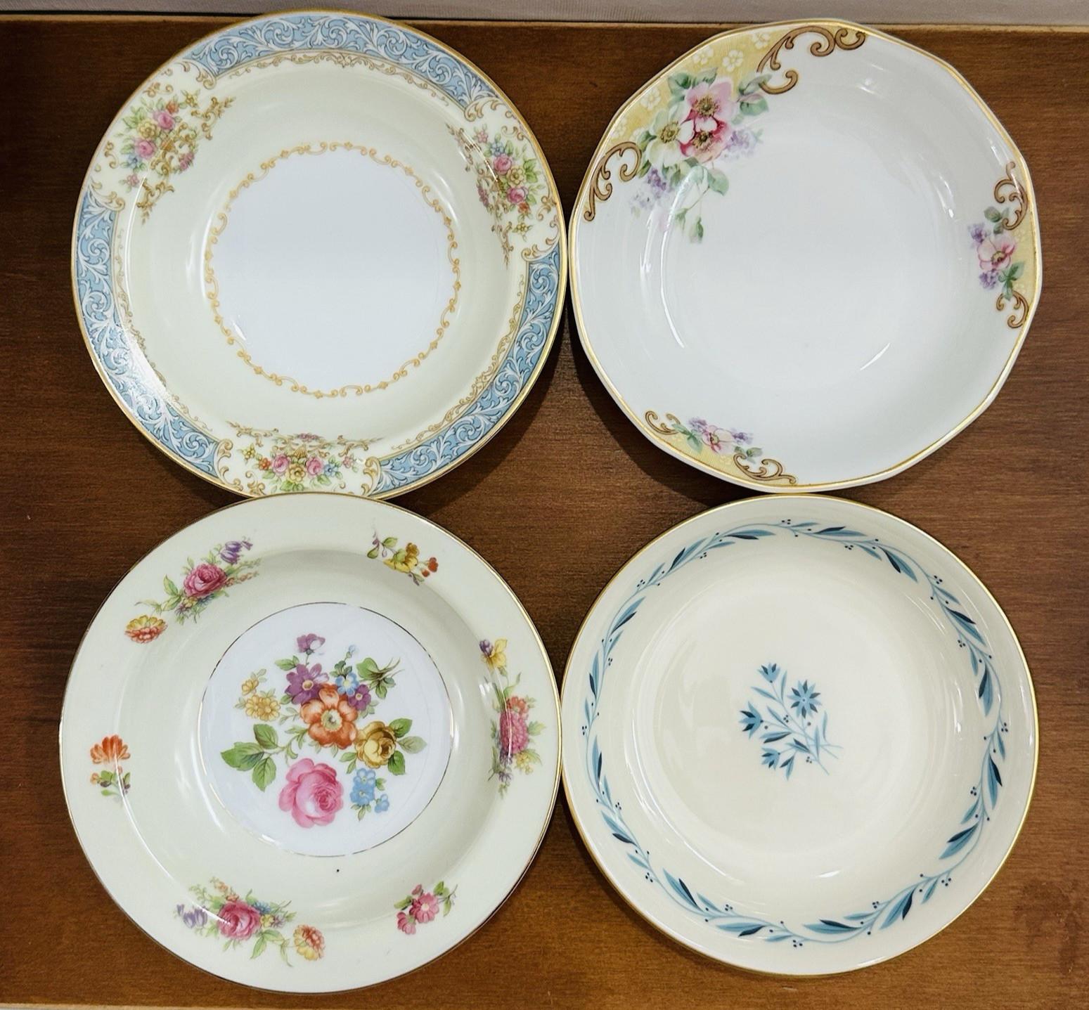 4 Vtg Mismatched China Dessert Bowls Bowl Set Mixed Rose Gold Pink Floral