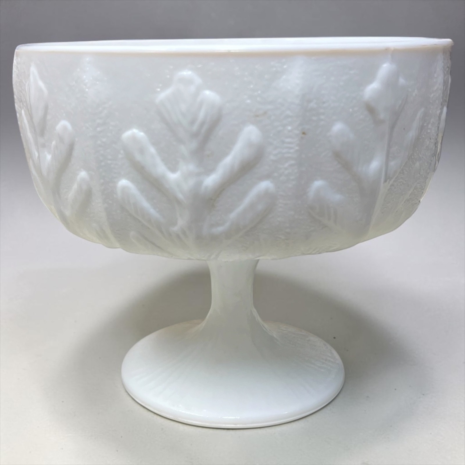 Vintage FTD White Milk Glass Pedestal Bowl with Embossed Oak Leaf (314)