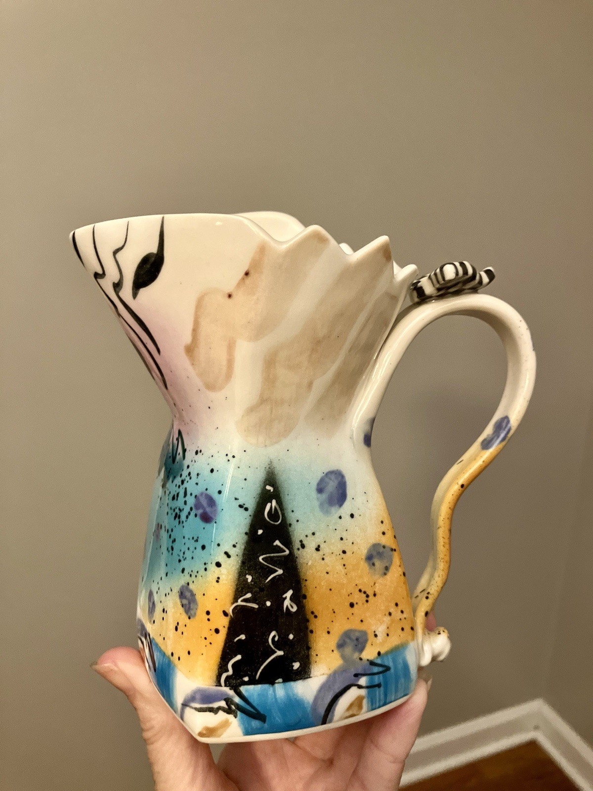 Caroline 1994 Signed Hand Painted Studio Art Pottery Pitcher Vase Postmodern