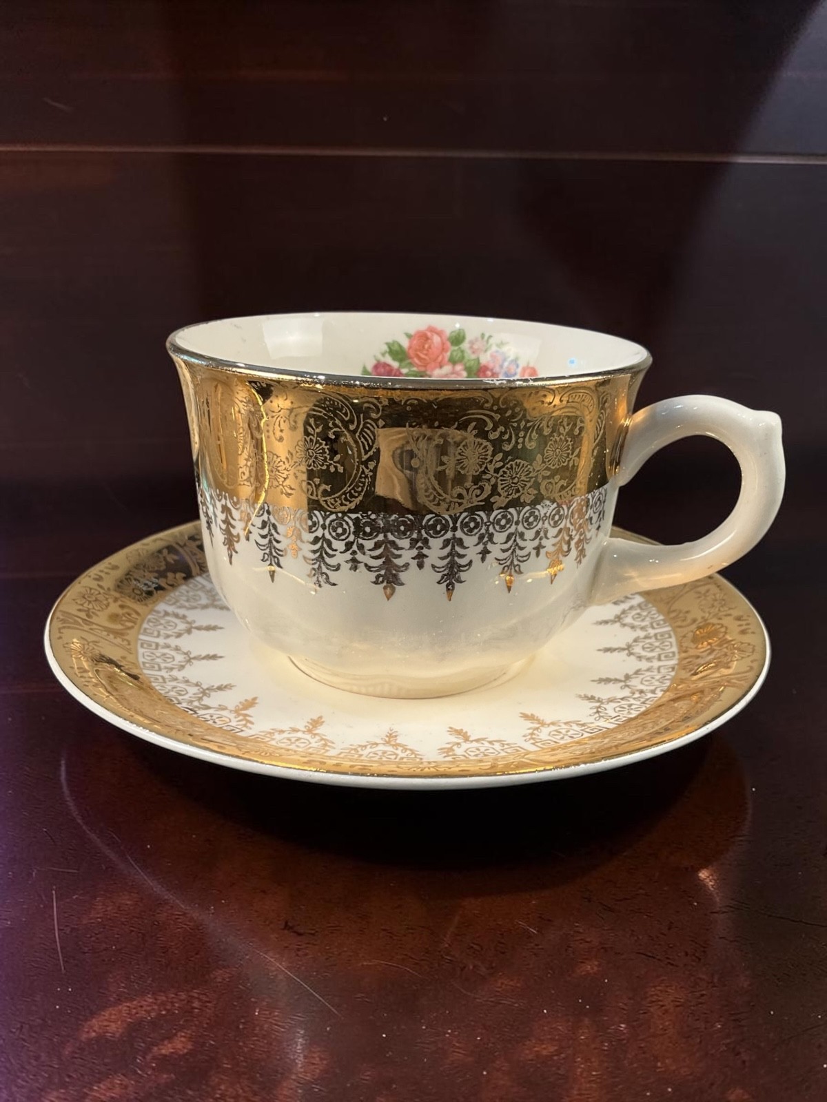 Vintage Sabin Cert-O-Gold 22K Gold Floral Tea Cups & Saucers Set of 2 USA