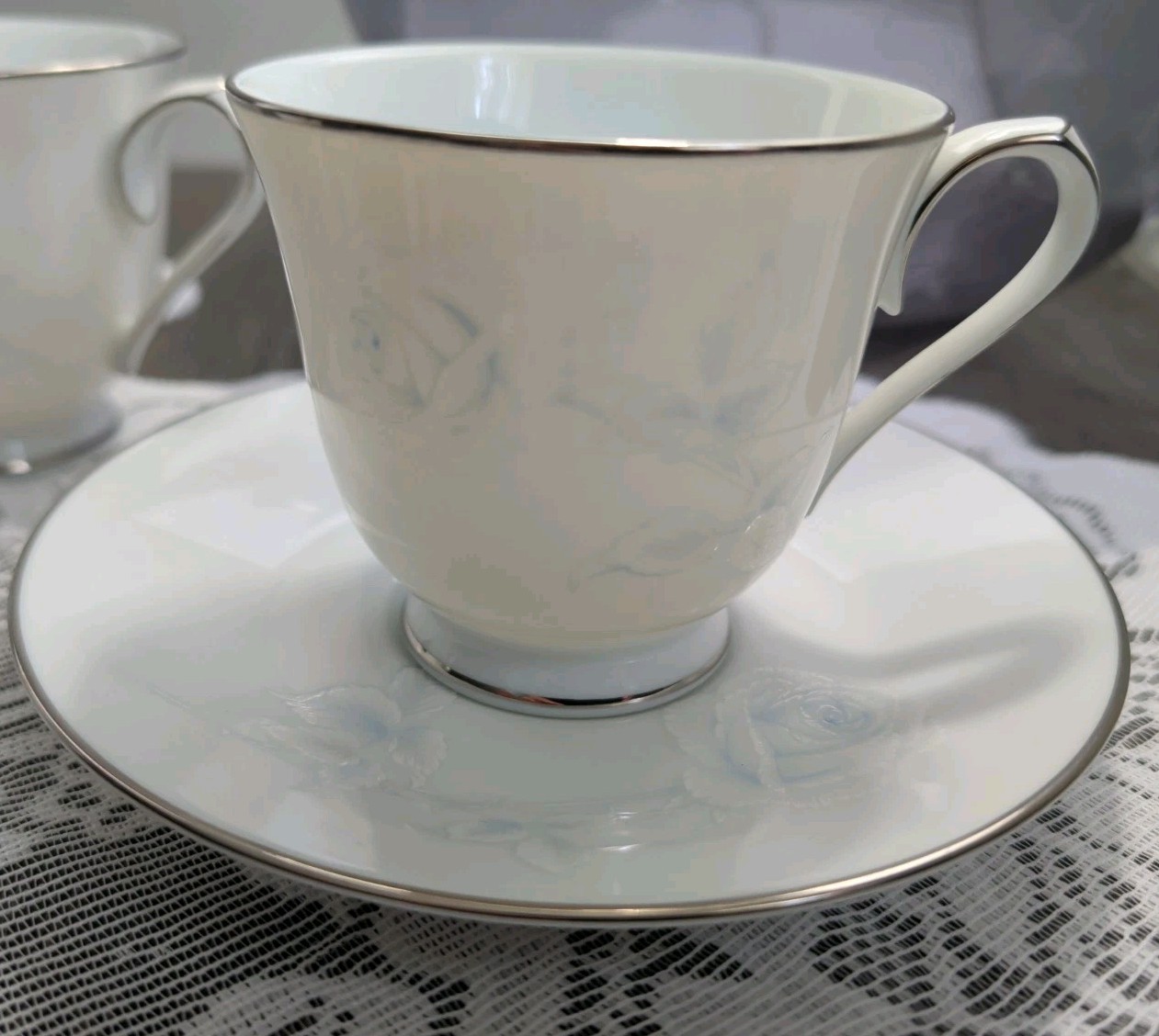 Noritake Virtue Tea Cup and Saucer Platinum Trim White & Blue Japan 2934 Vintage