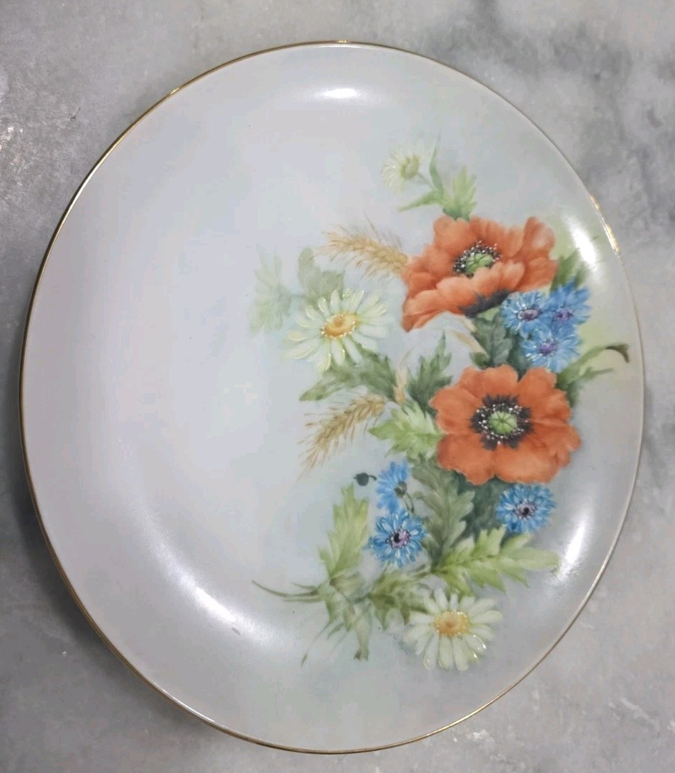 Vintage 9 IN. PLATE HAND PAINTED NO CRACKS/NO CHIPS. Orange Blue Flowers Daisies