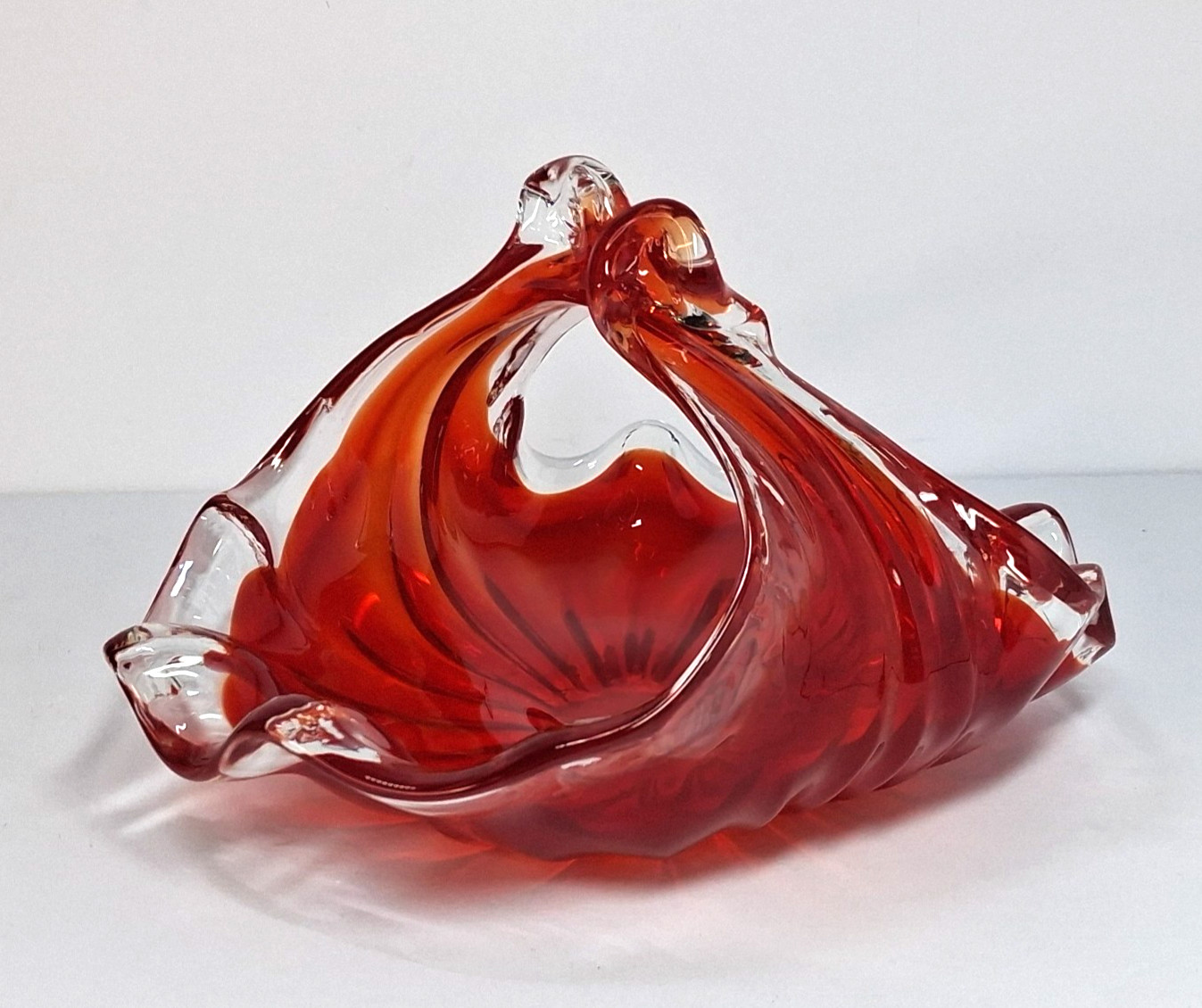 Vintage MCM Art Glass Free Form Handled Bon Bon Dish Red Persimmon Crystal Clear