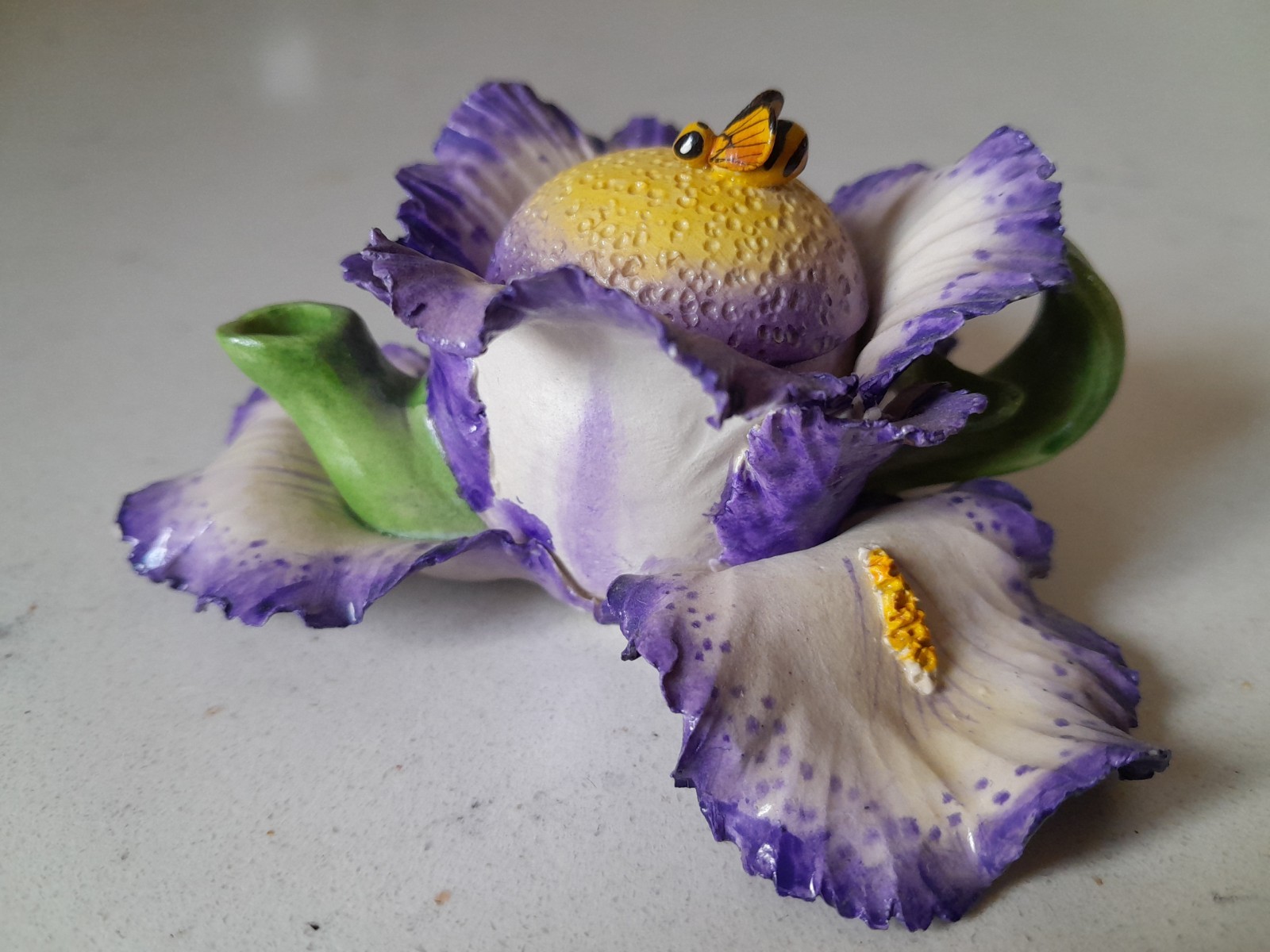 Vintage Kitschy Miniature Capodimonte Style Tea Pot Purple Iris Flower And Bee