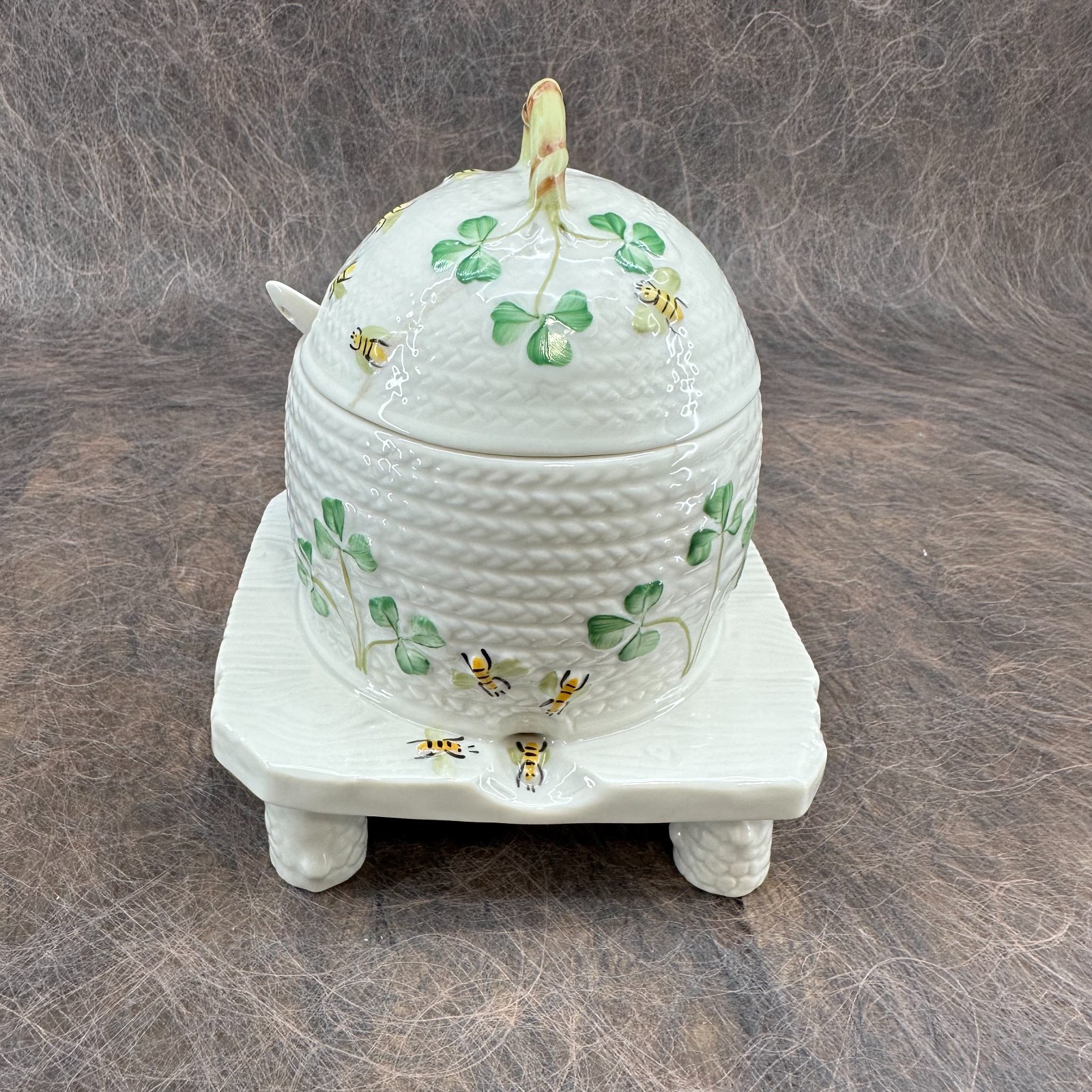 Belleek Honey Pot Jar with Spoon; Basketweave, Shamrocks, Bees