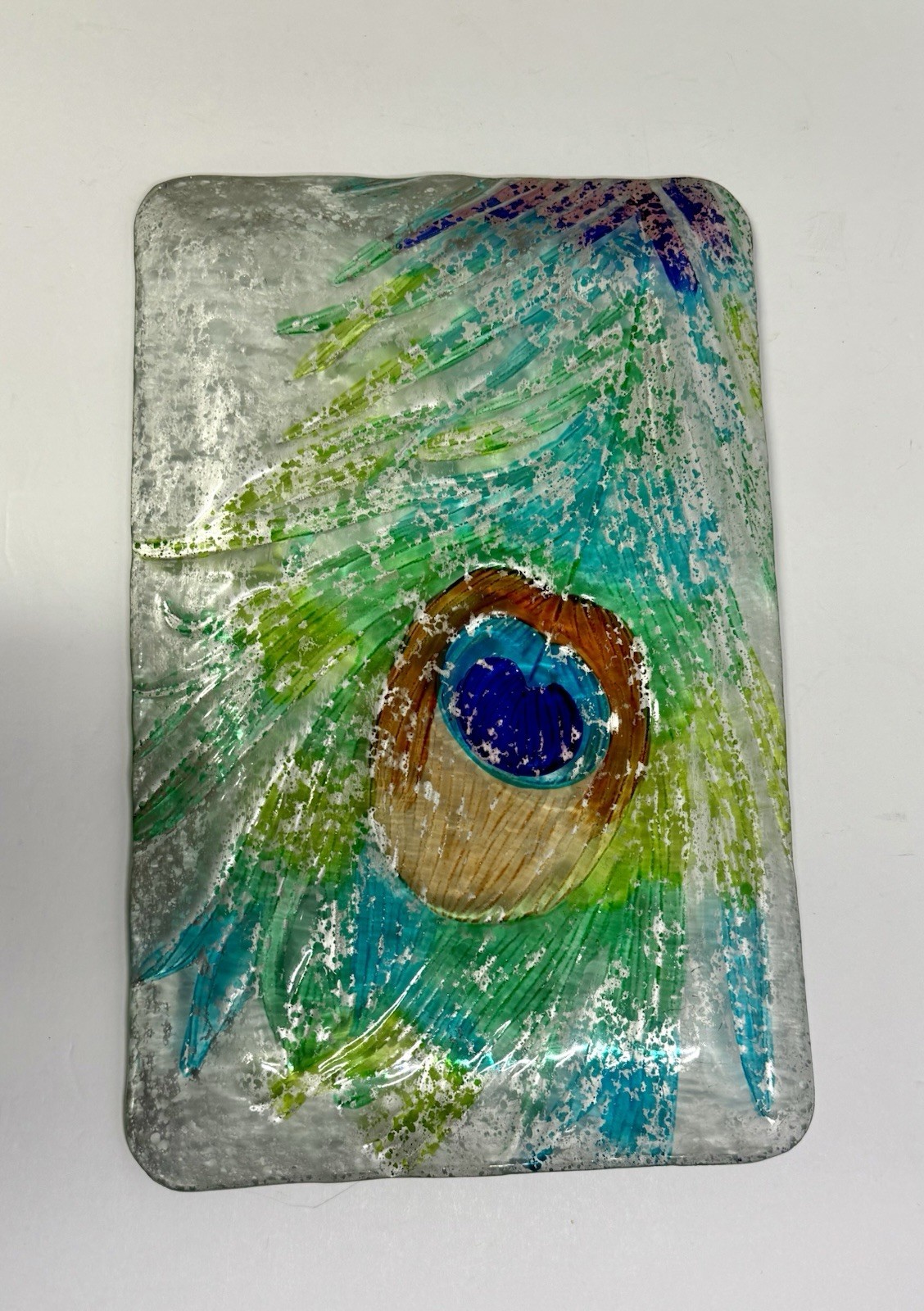 9 X 14” Fused Glass Peacock Feather Decorative Rectangular Platter Tray