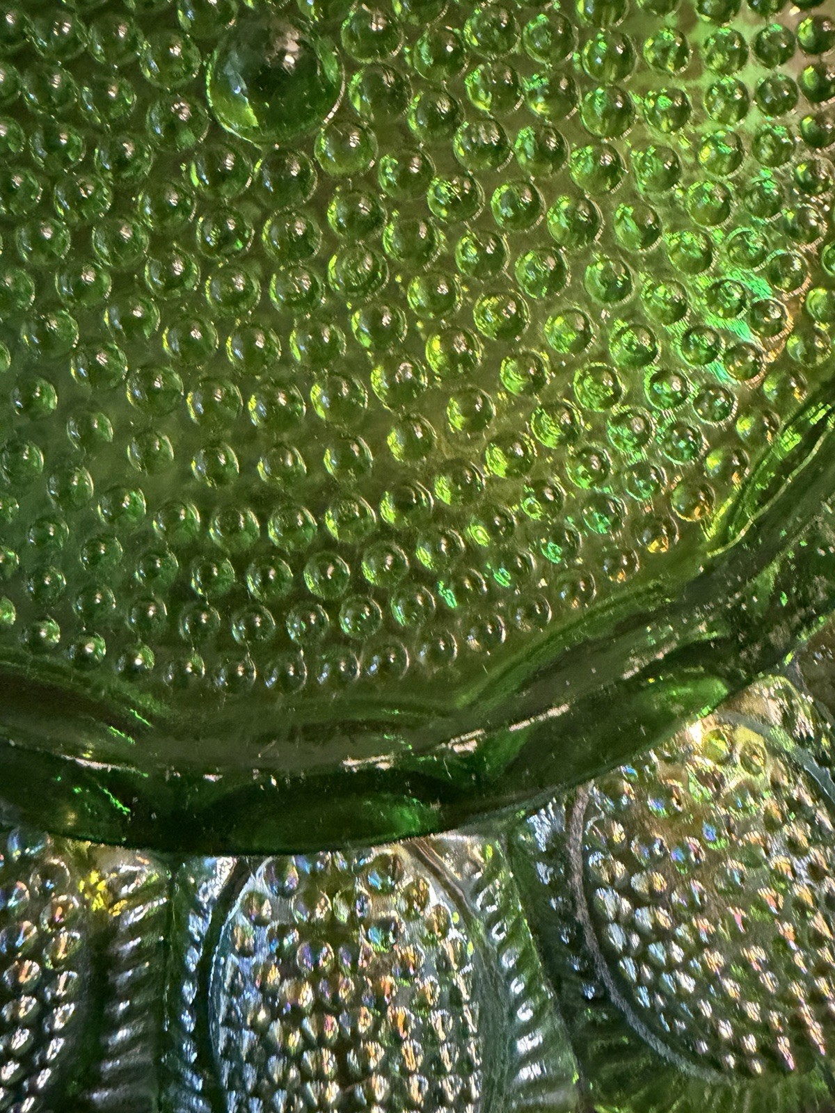 Vintage Indiana Glass Carnival Green Hobnail Egg Plate Iridescent
