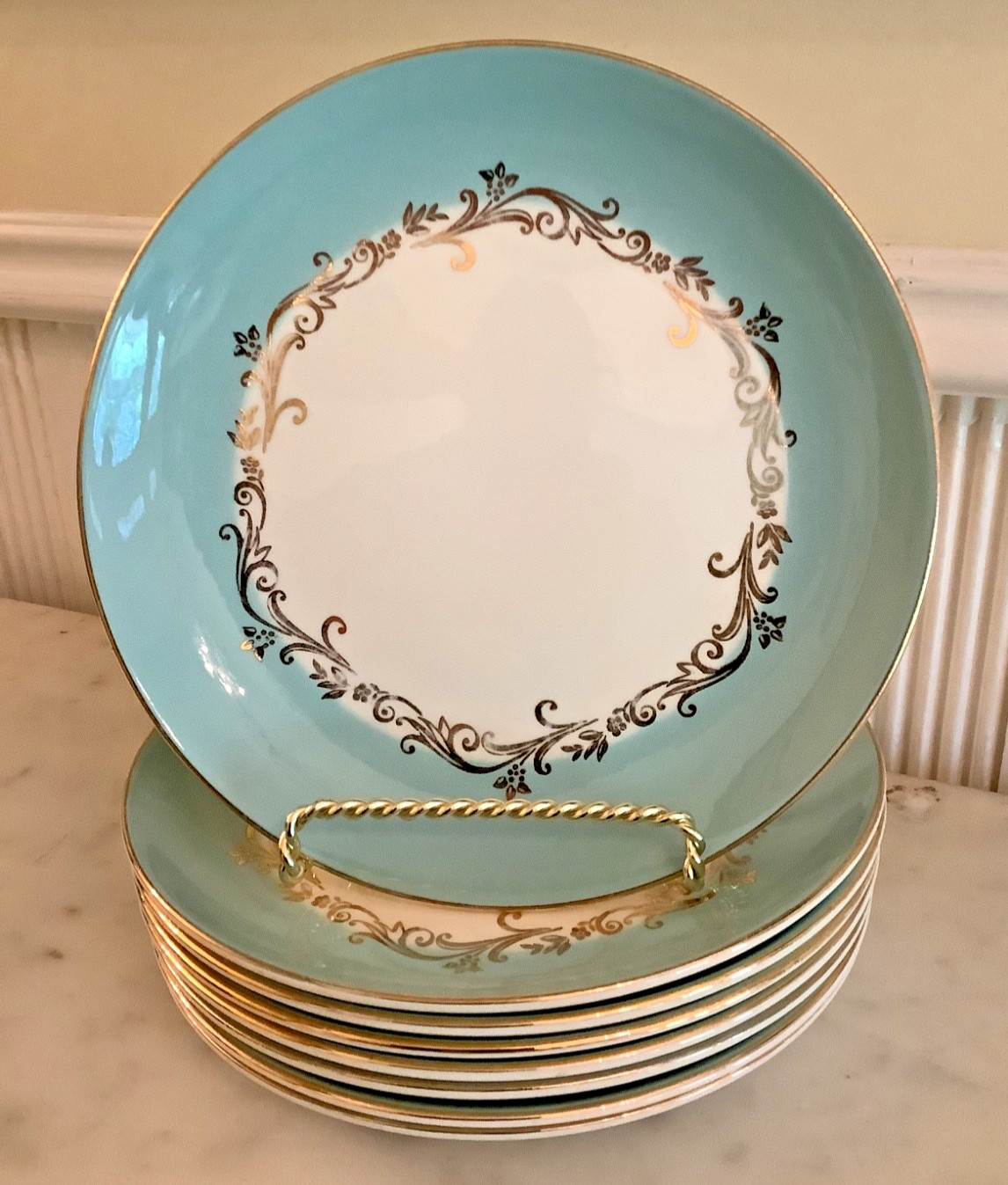 Set of 8 Homer Laughlin Lifetime China GOLD CROWN Salad Snack Plates, 7.25” Diam