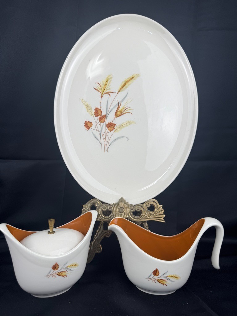 1950s Taylor Smith Autumn Harvest Ever Yours Wheat-Platter, Sugar & Creamer-3pcs