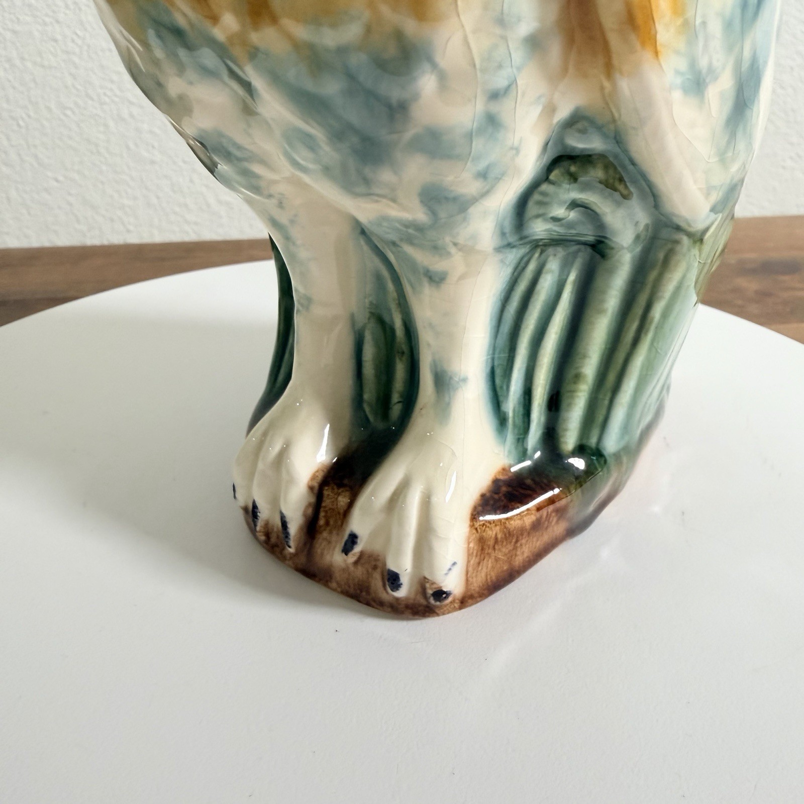 FFAS French Owl Pitcher Orange Eyes Vintage Majolica MCM Barbotine Vintage OOAK