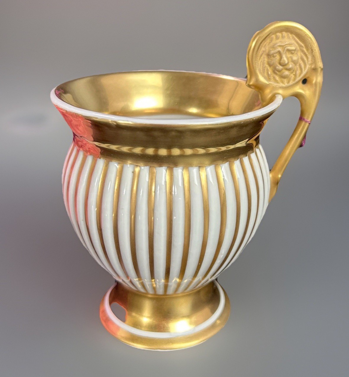 Antique Royal Porzellan Manufaktur RPM Lion Handle Cup Gold Stripes 4 3/8”
