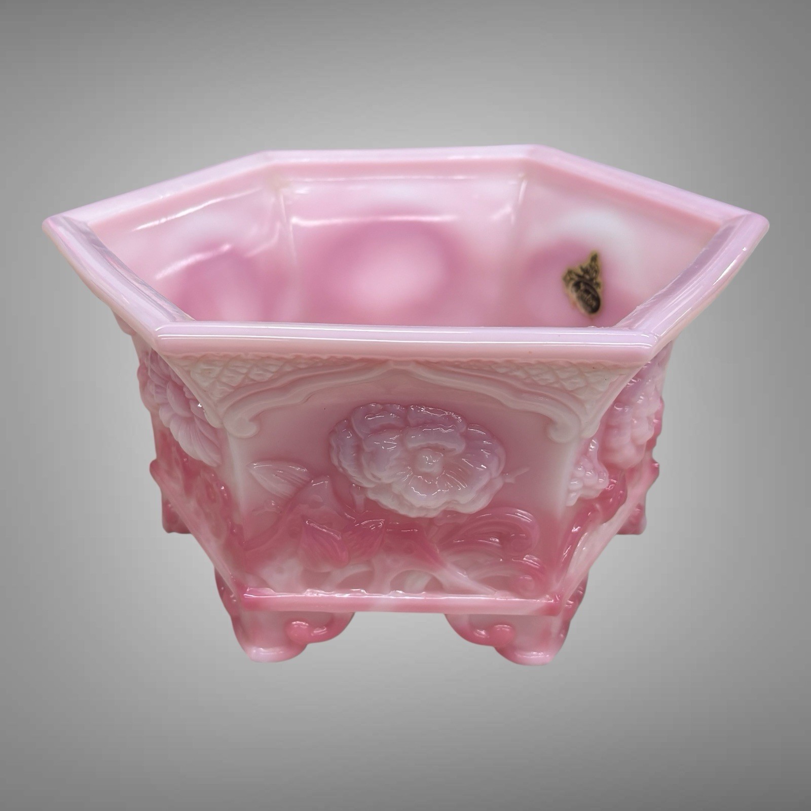 Vintage Fenton Rosalene Pink Chrysanthemum Embossed Hexagon Footed Bowl Planter
