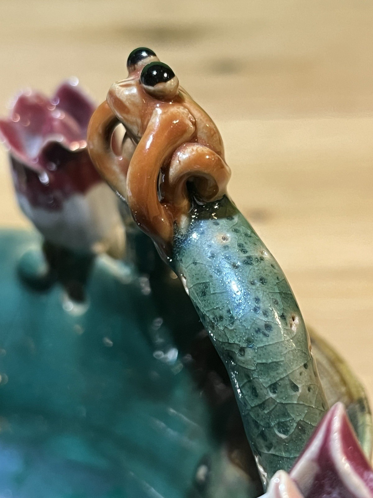 Majolica Style Frog & Lotus Bowl Pottery Handmade Free Form Art Unique