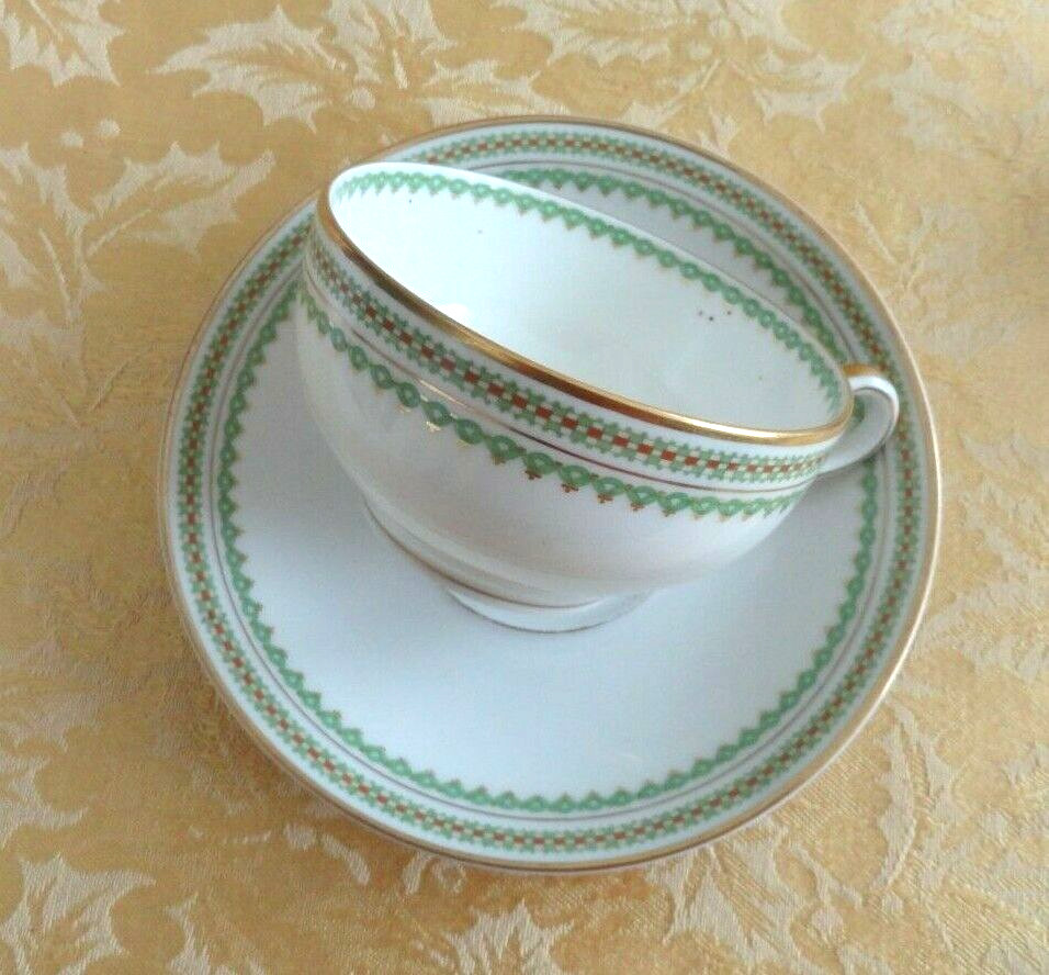 THEODORE HAVILAND LIMOGES 2 Cups & 1 Saucer Geen Band W/ Gold Gilt