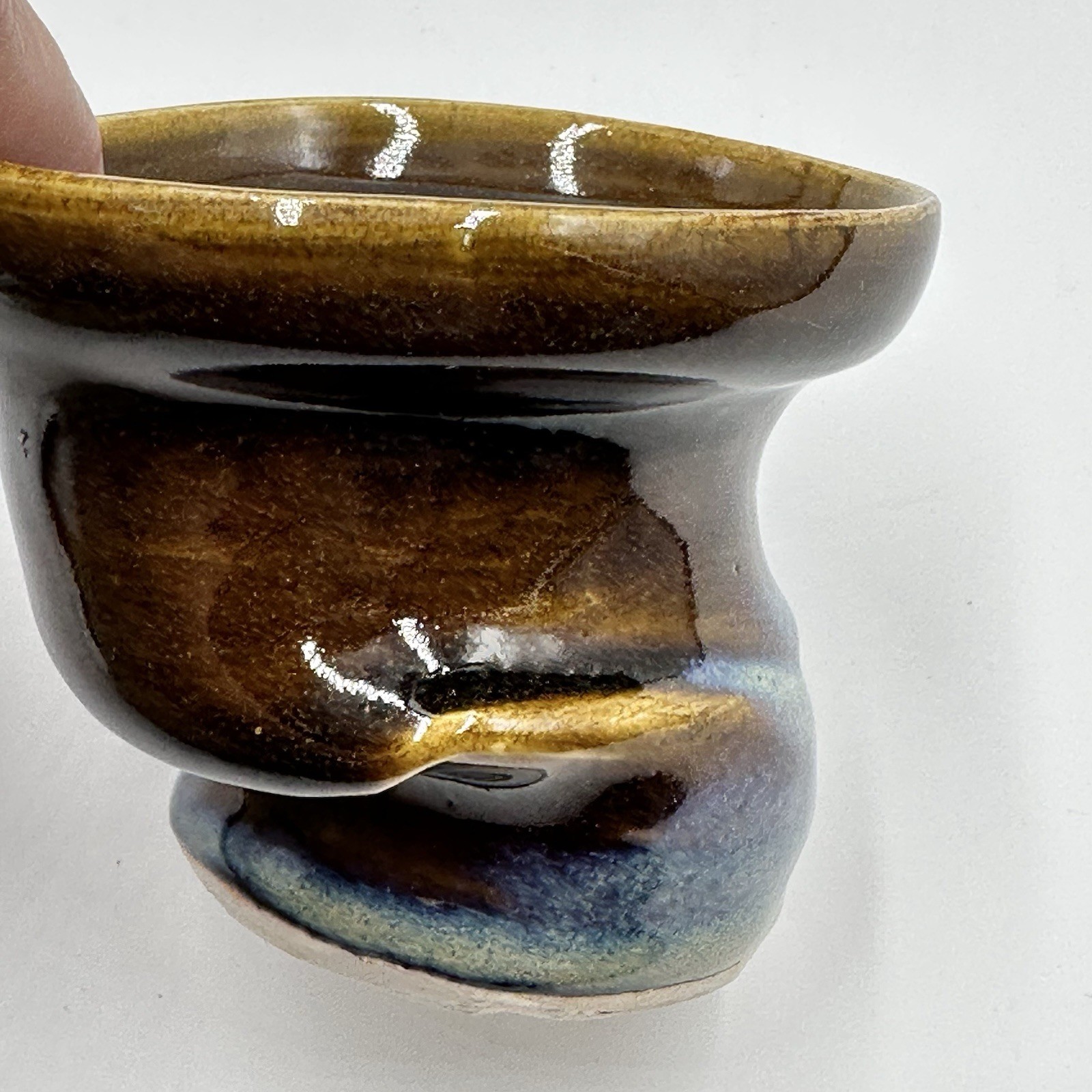 Studio Art Asymmetrical Warped Pottery Cup Blue Drip Glazed Artist Initialed
