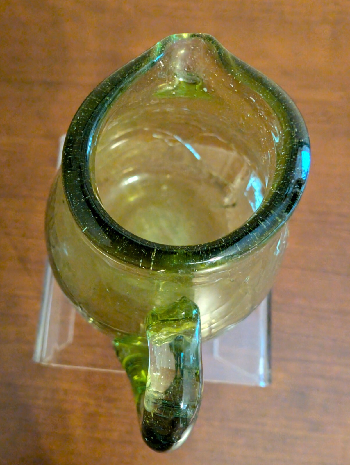 BLENKO Hand-Blown Crackle Glass Olive Green Mini Pitcher w Handle & Sharp Pontil