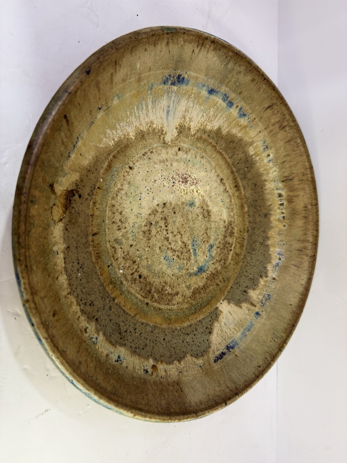 Signed Studio Pottery Serving Bowl Blue Drip Glaze 11” Handmade