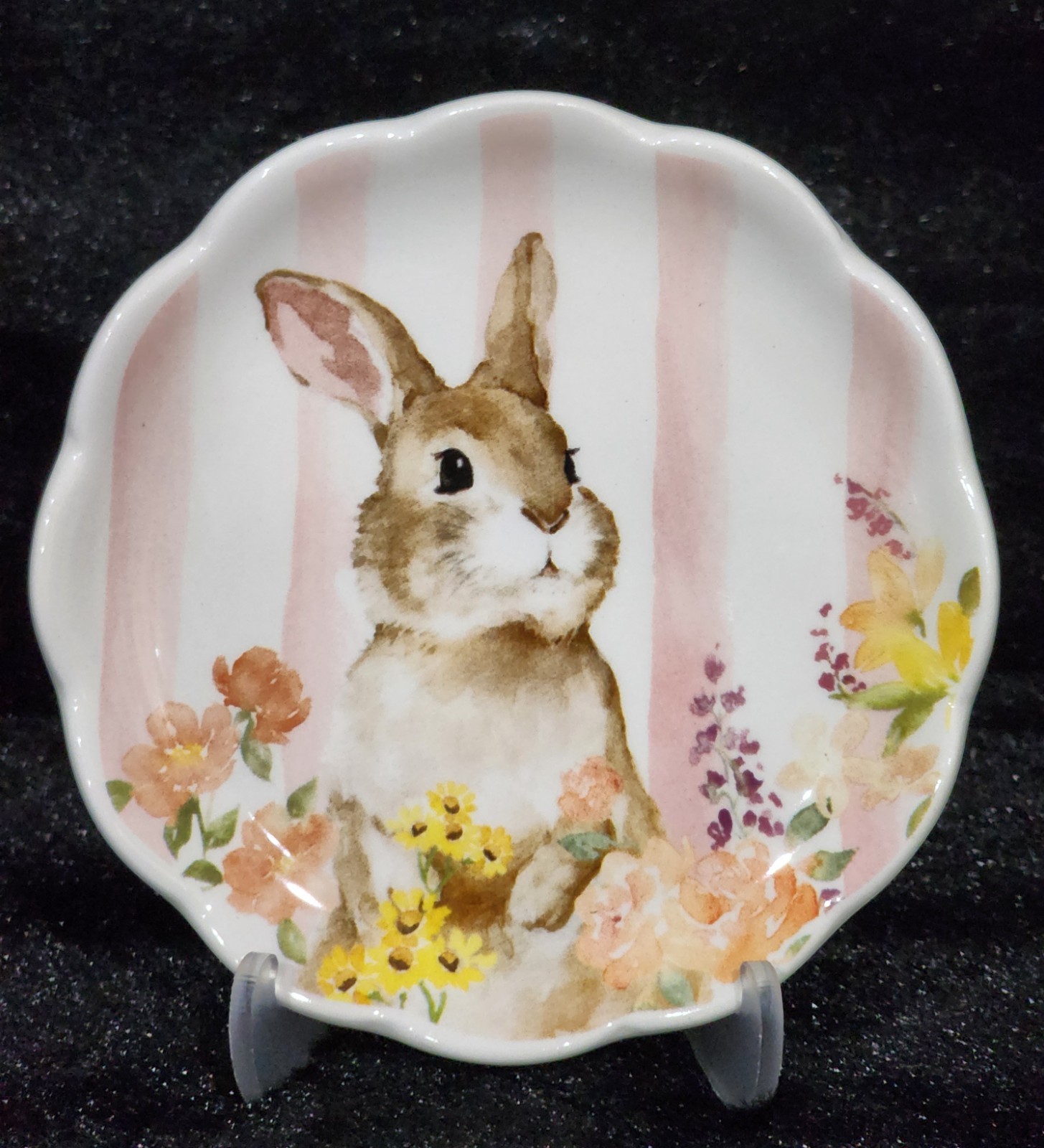 4 Pink White Floral Bunny Striped Tidbit Plates 4.4″ Ceramic Easter Watercolor