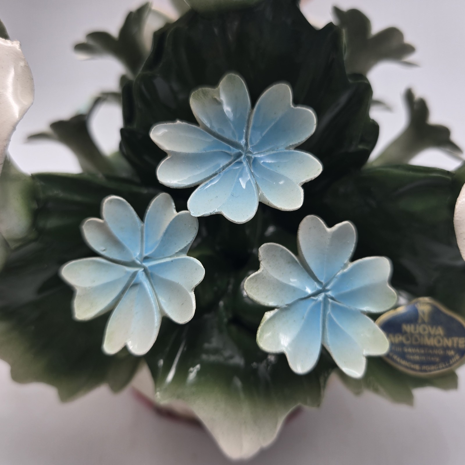 Capodimonte Italy Pink Yellow Roses Blue Ceramic Flowers Nuova Centerpiece Vtg