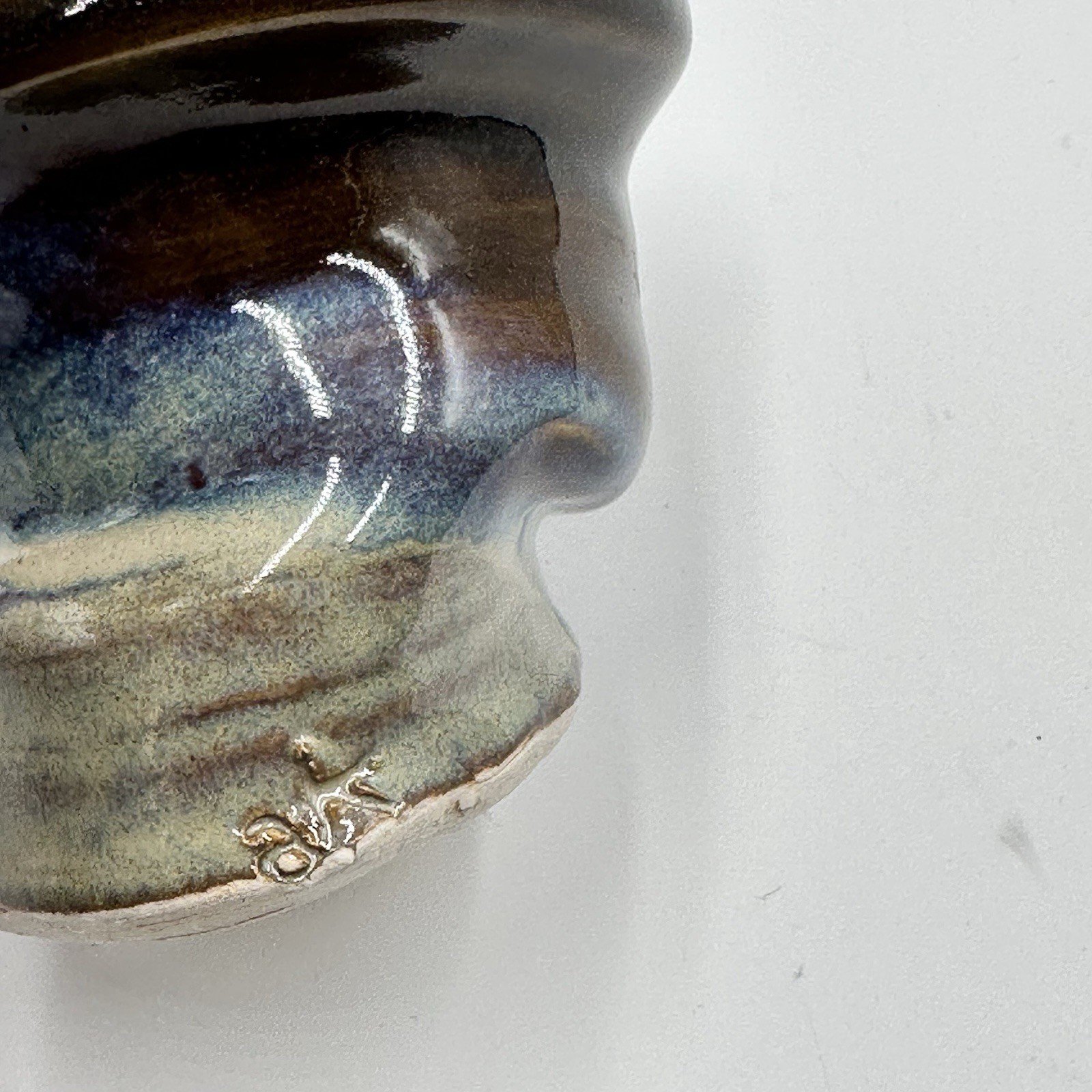 Studio Art Asymmetrical Warped Pottery Cup Blue Drip Glazed Artist Initialed