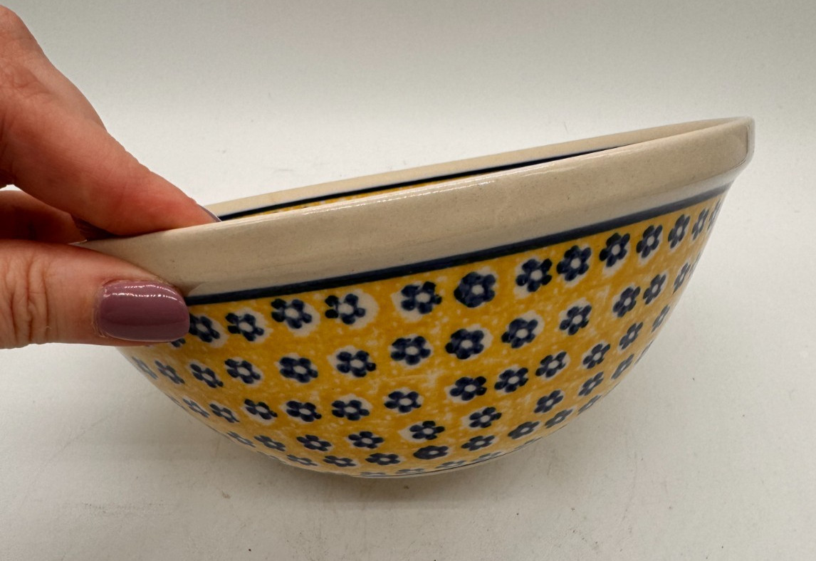 Boleslawiec Polish Pottery Bowl Yellow & Cobalt Blue Flower Pattern White Rim