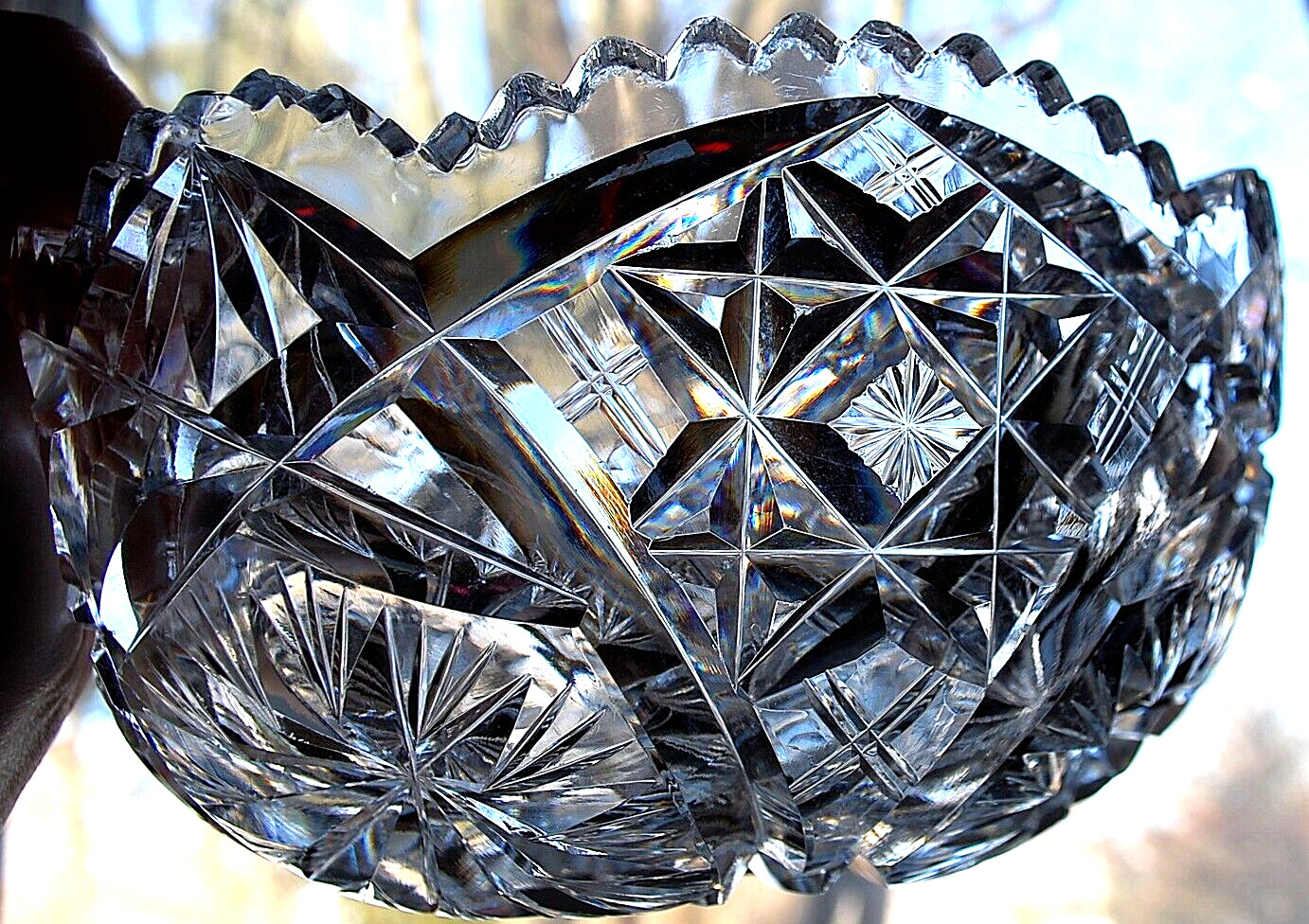 EARLY Antique ABP American Brilliant Period STAR/Xs Hand Cut CRYSTAL BOWL Heavy