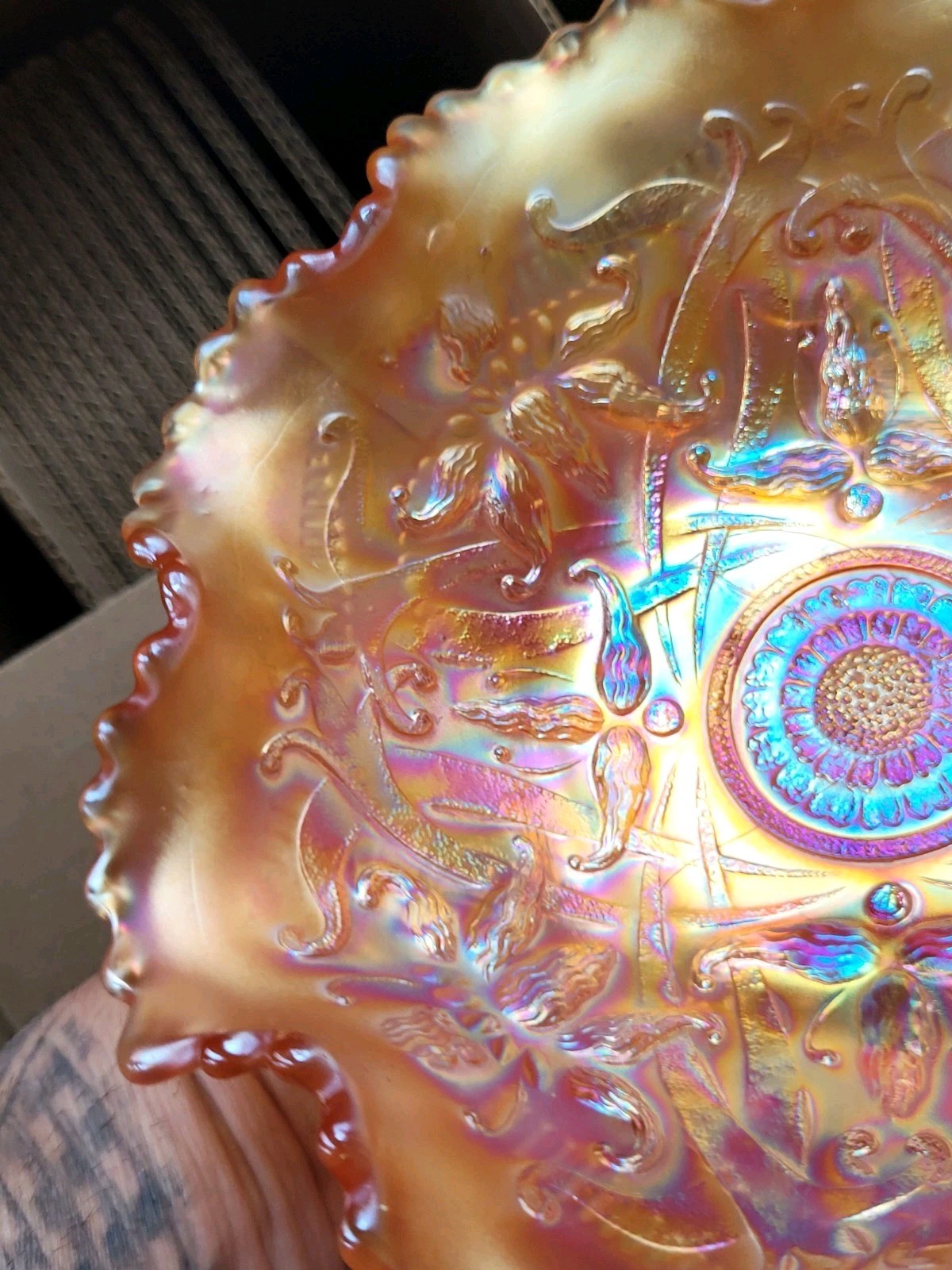Super Pretty Marigold Northwood Carnival Glass Wishbone Bowl Ruffles n Rings EX.