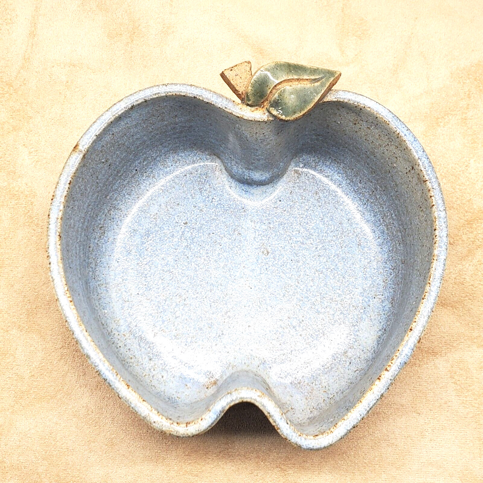 Stoneware Apple Dish 7 in Wide Signed Gray Blue Tan Speckled 1 lb, 2 oz