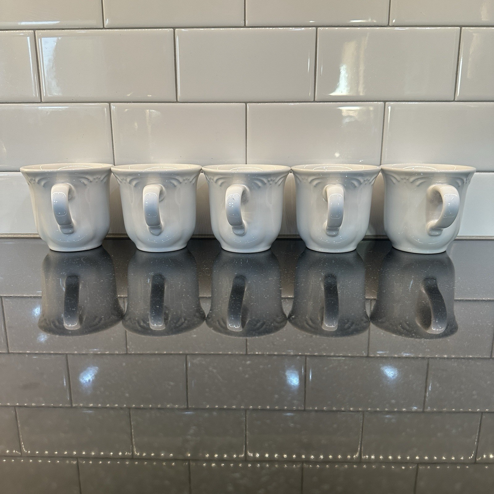 PFALTZGRAFF FILIGREE Pattern Coffee Cups (x5) Matched Set VGC White Tea Mugs