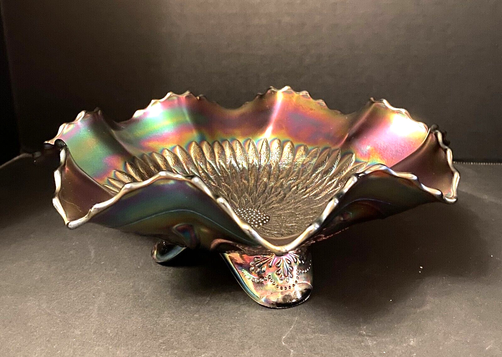 NorthWood Amethyst Carnival Glass Sunflower Ftd Ruffled Bowl