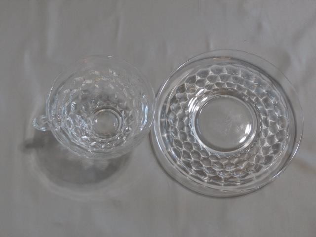 2 Fostoria American Flared Edge Round Handle Footed 6 oz. Cups and 6″ Saucers