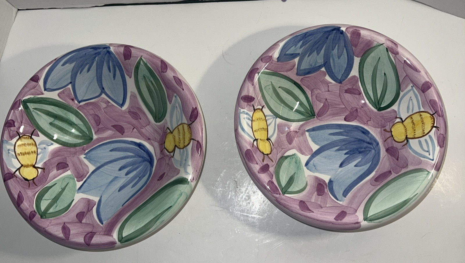 Bella Ceramica Soup Salad Serving Bowls Purple Flowers Bee 8.75”D Set Of 2