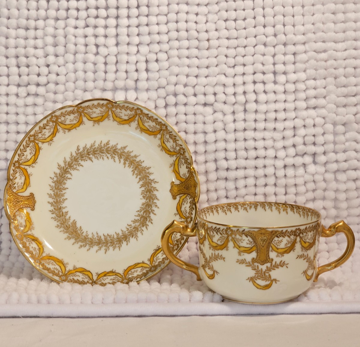 Bouillon cups w/ saucers, set of three, vintage china, Haviland, Vignaud, Saxe
