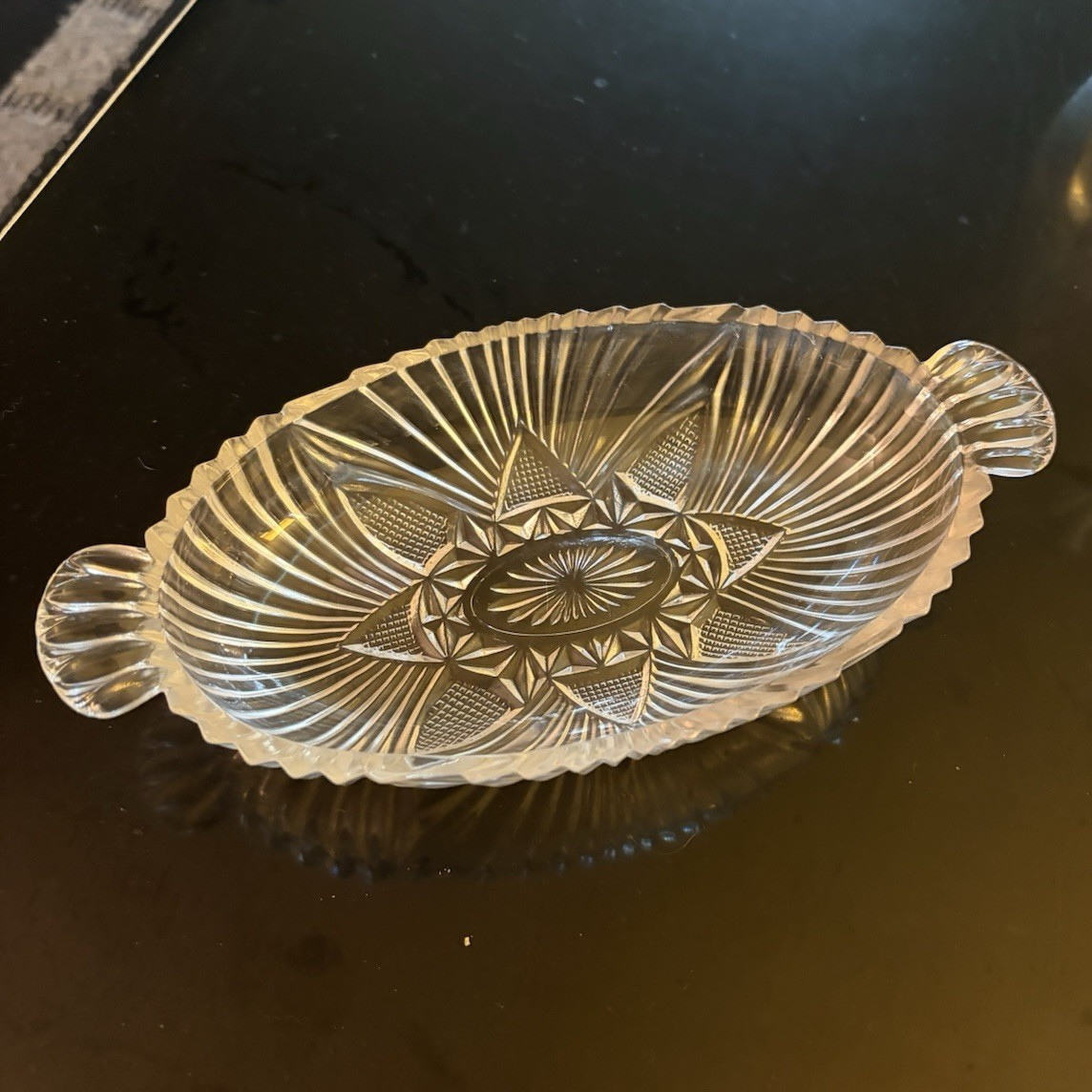 Clear Pressed Glass Oval Relish Dish w/ Handles, Starburst Pattern